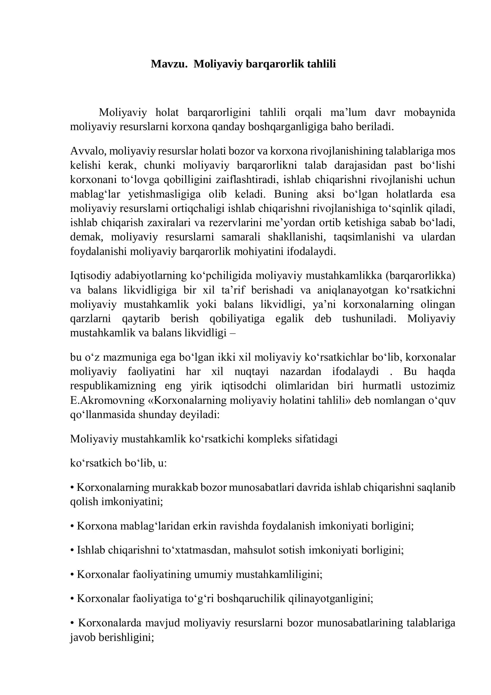 Moliyaviy barqarorlik tahlili 1