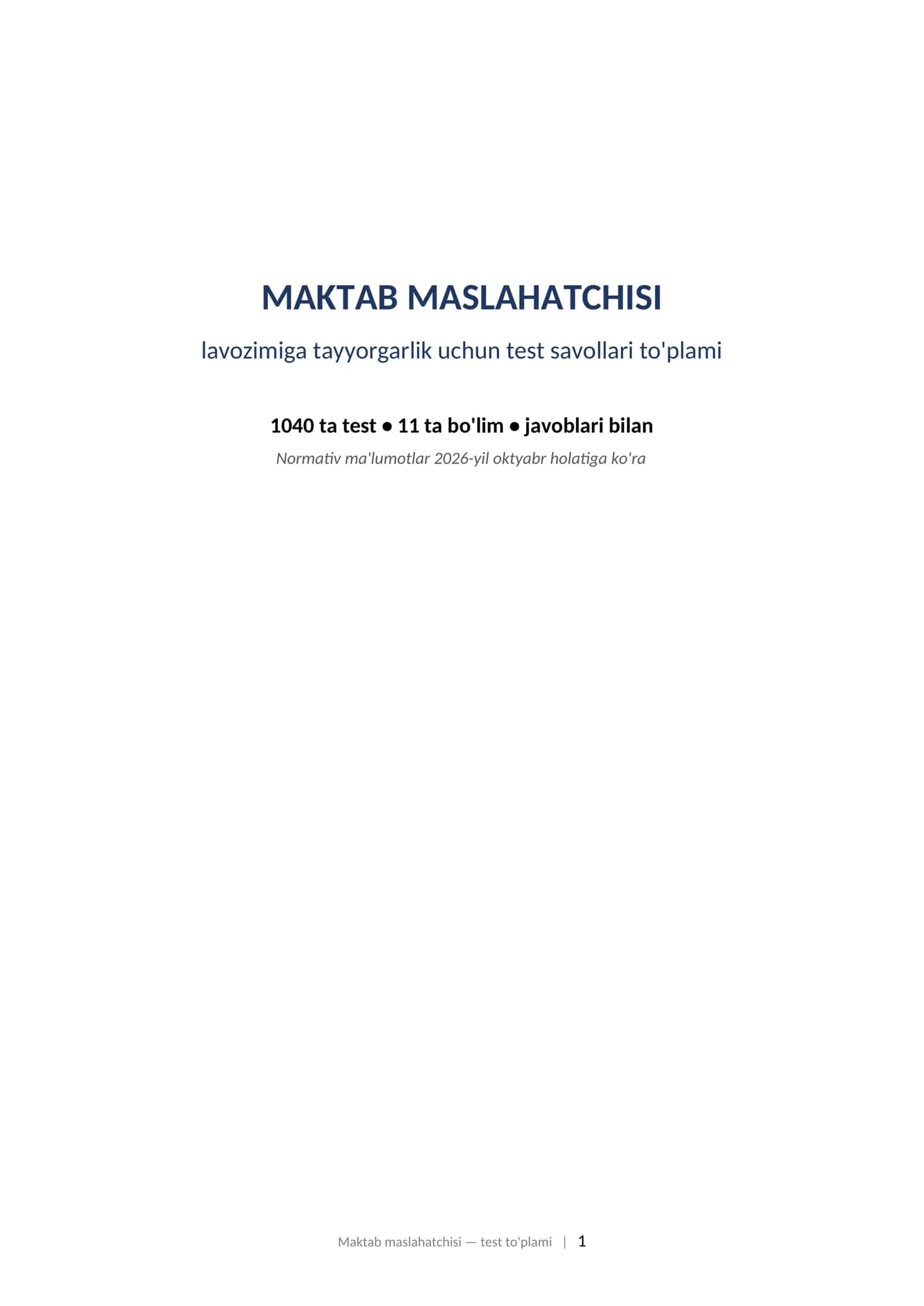 MAKTAB MASLAHATCHISI uchun test to'plami (1040 dona) 2026y. Eng oxirgi variant 1