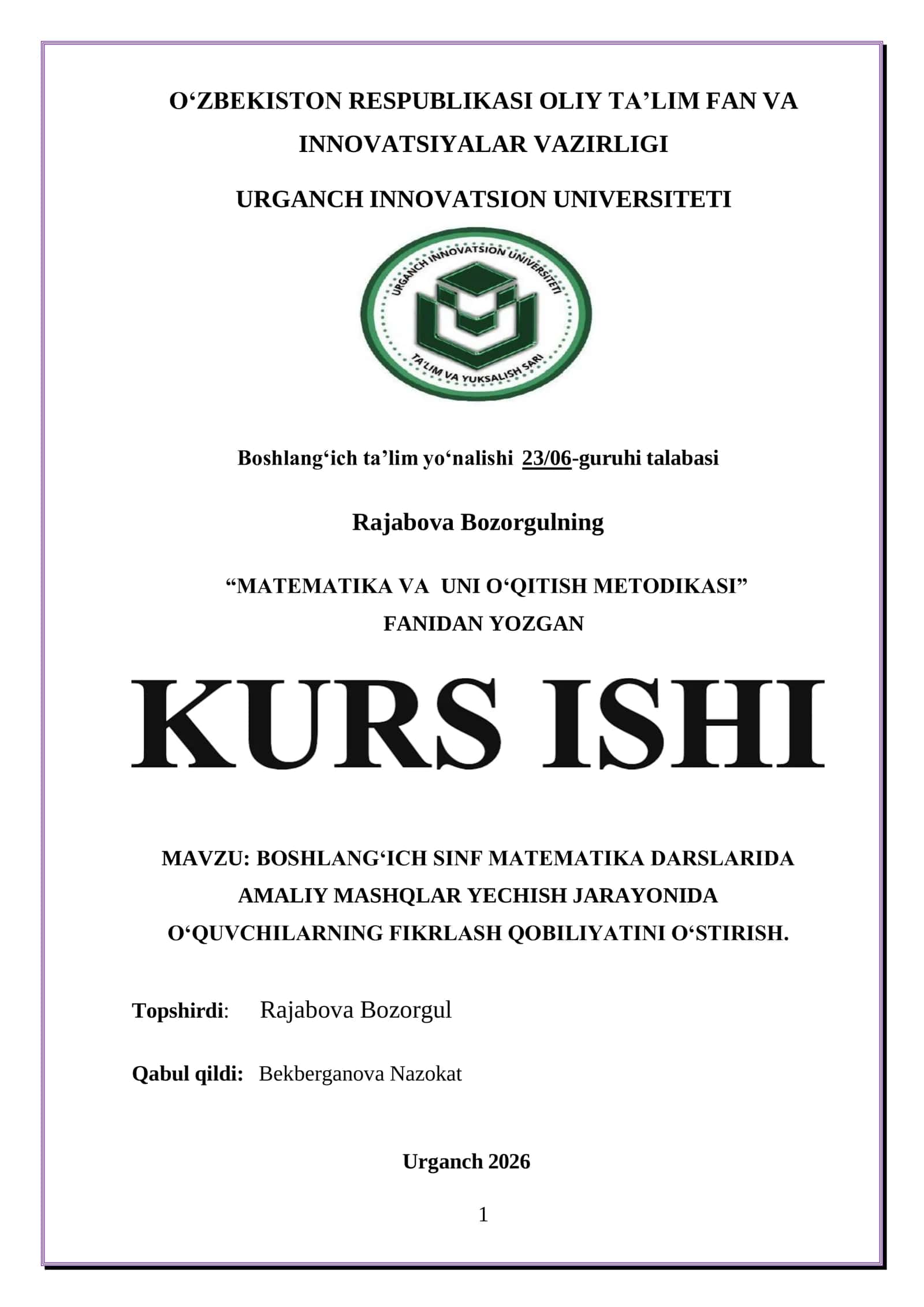 BOSHLANGʻICH SINF MATEMATIKA DARSLARIDA AMALIY MASHQLAR YECHISH JARAYONIDA OʻQUVCHILARNING FIKRLASH QOBILIYATINI OʻSTIRISH 1