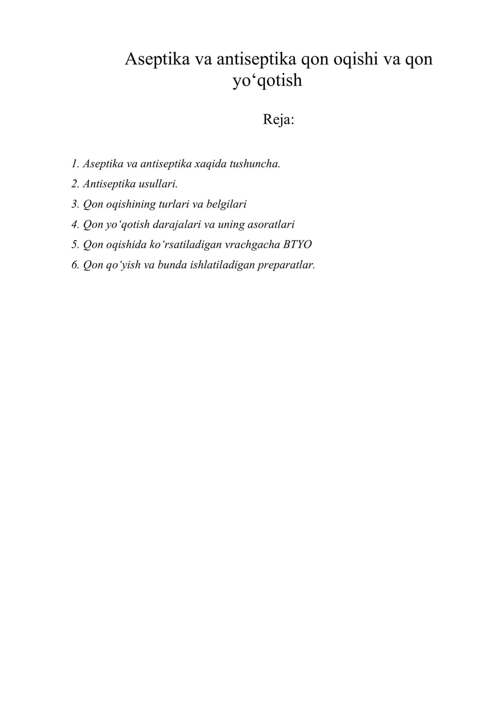 Aseptika va antiseptika qon oqishi va qon yo‘qotish 1
