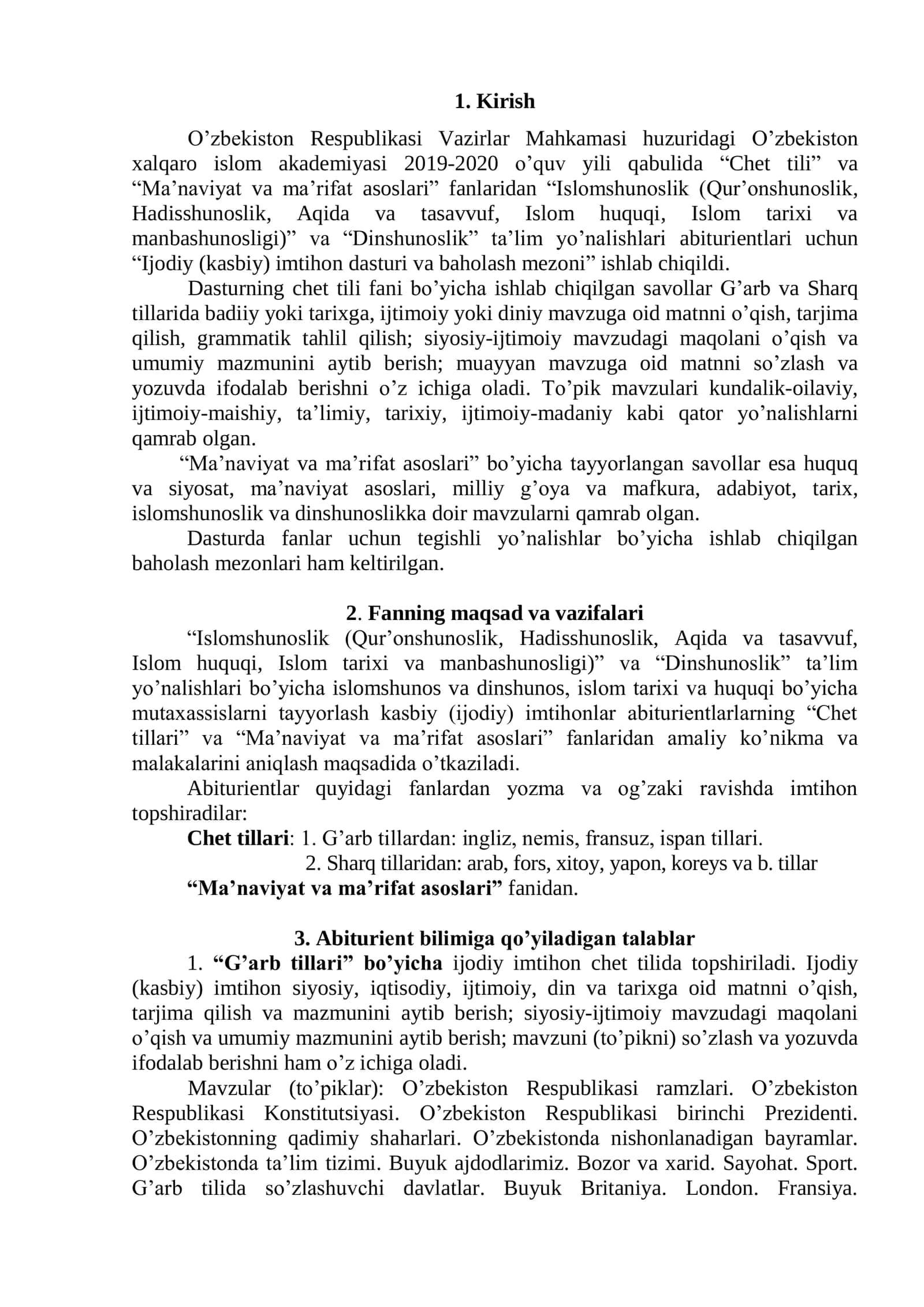 “Ijodiy (kasbiy) imtihon dasturi va baholash mezoni” 1