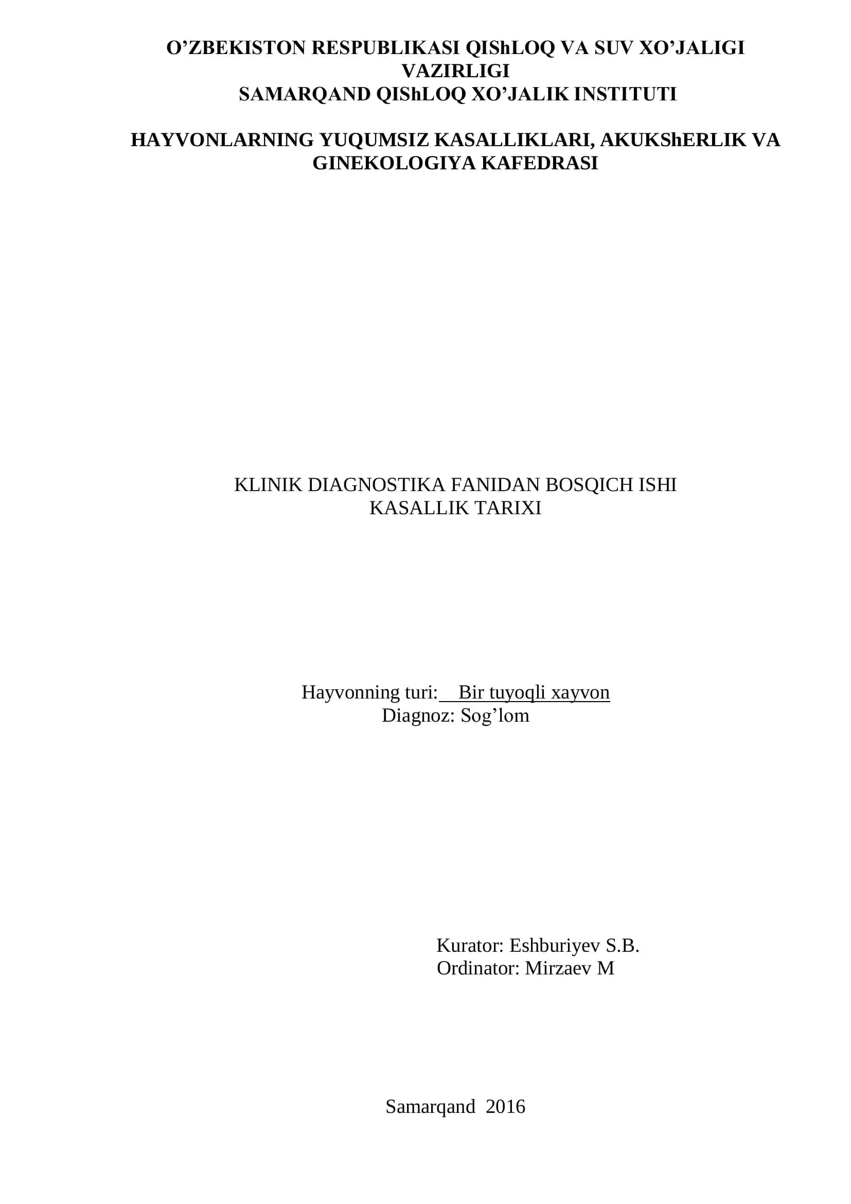 KLINIK DIAGNOSTIKA FANIDAN BOSQICH ISHI 1