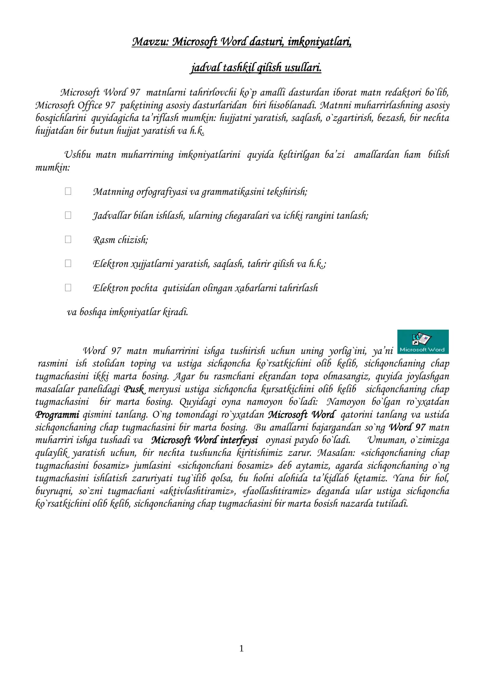 Microsoft Word dasturi, imkoniyatlari 1
