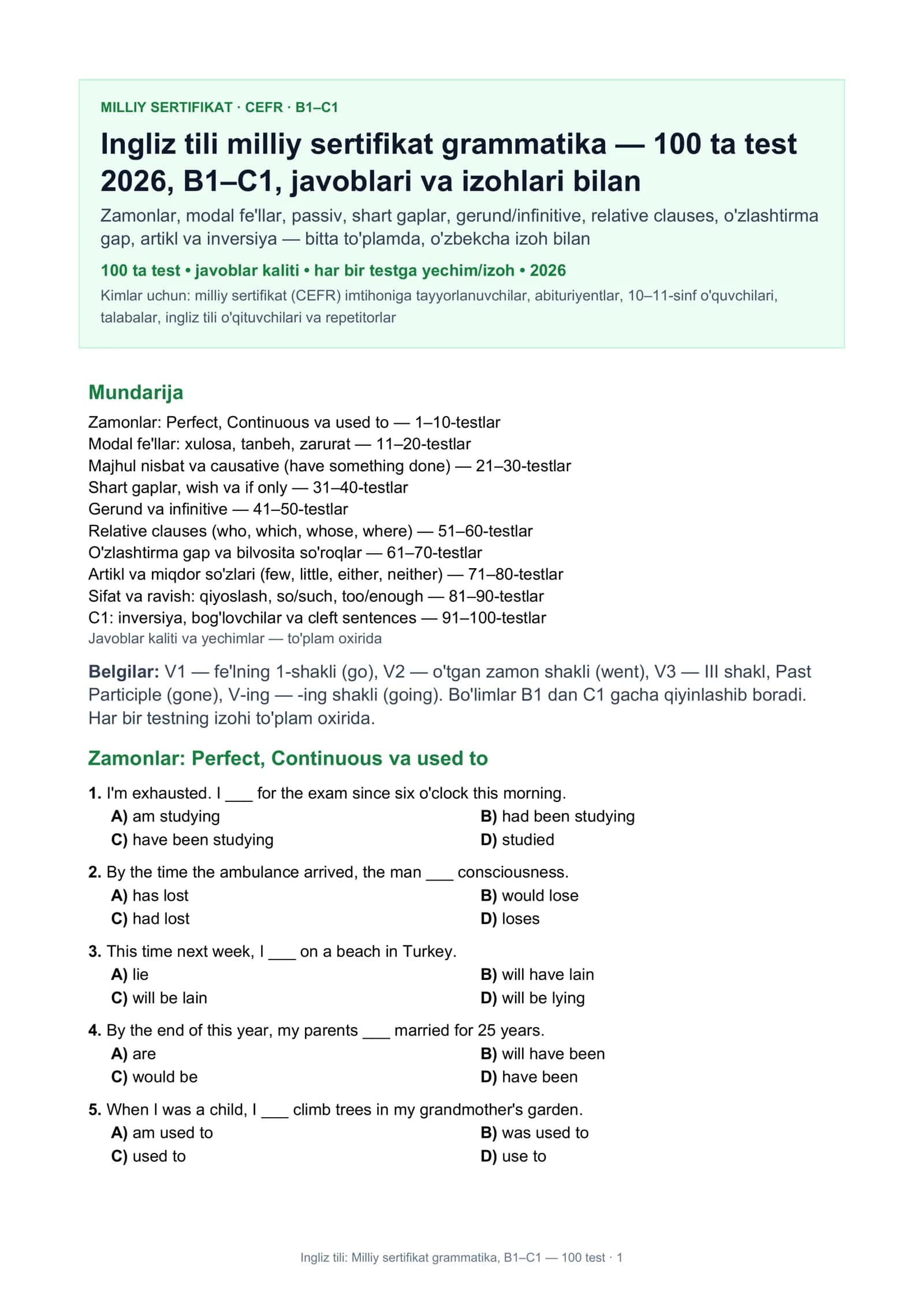 Ingliz tili milliy sertifikat grammatika 1