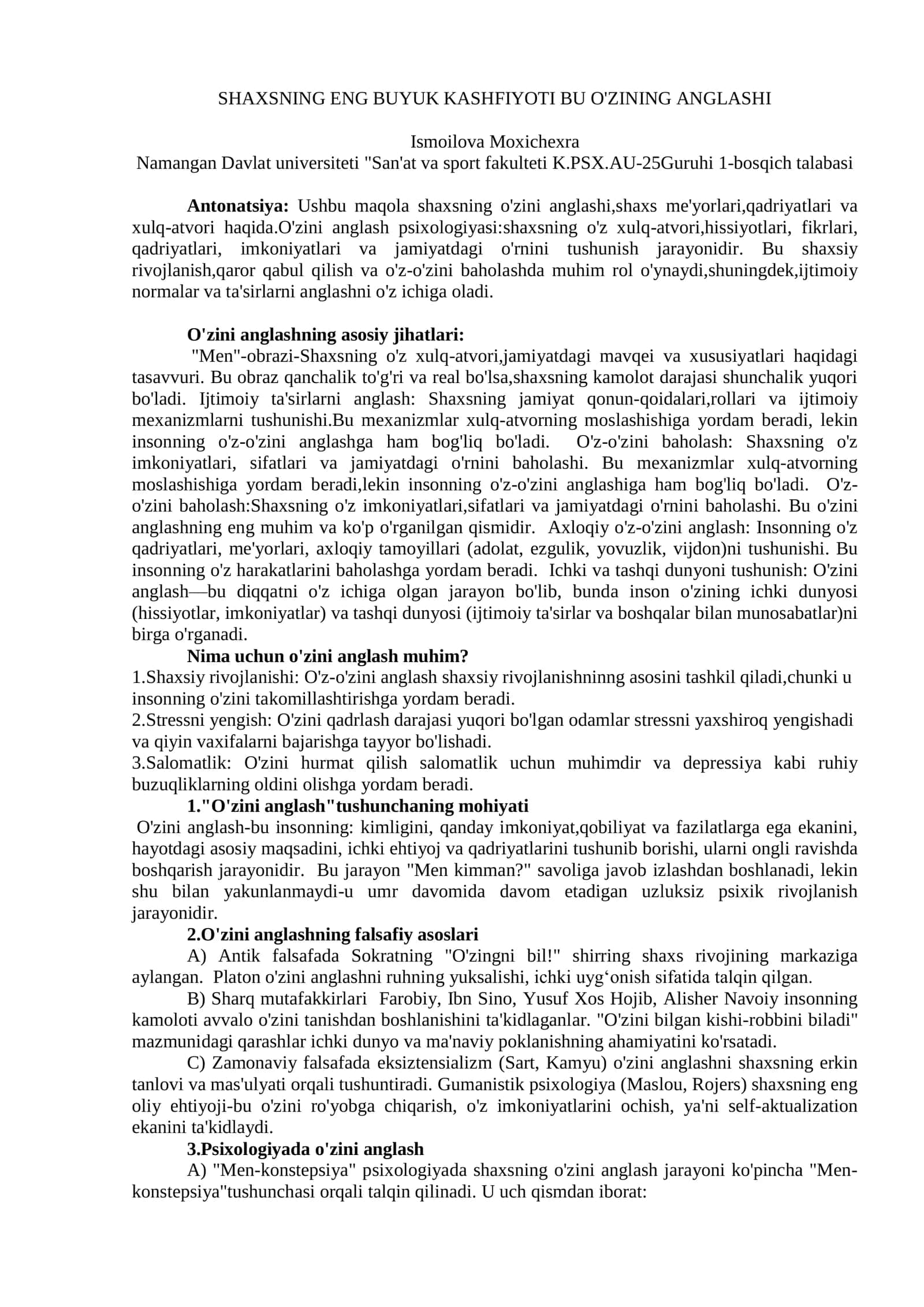 Shaxsning eng buyuk kashfiyoti – bu o‘zini anglashi (namuna maqola) 1