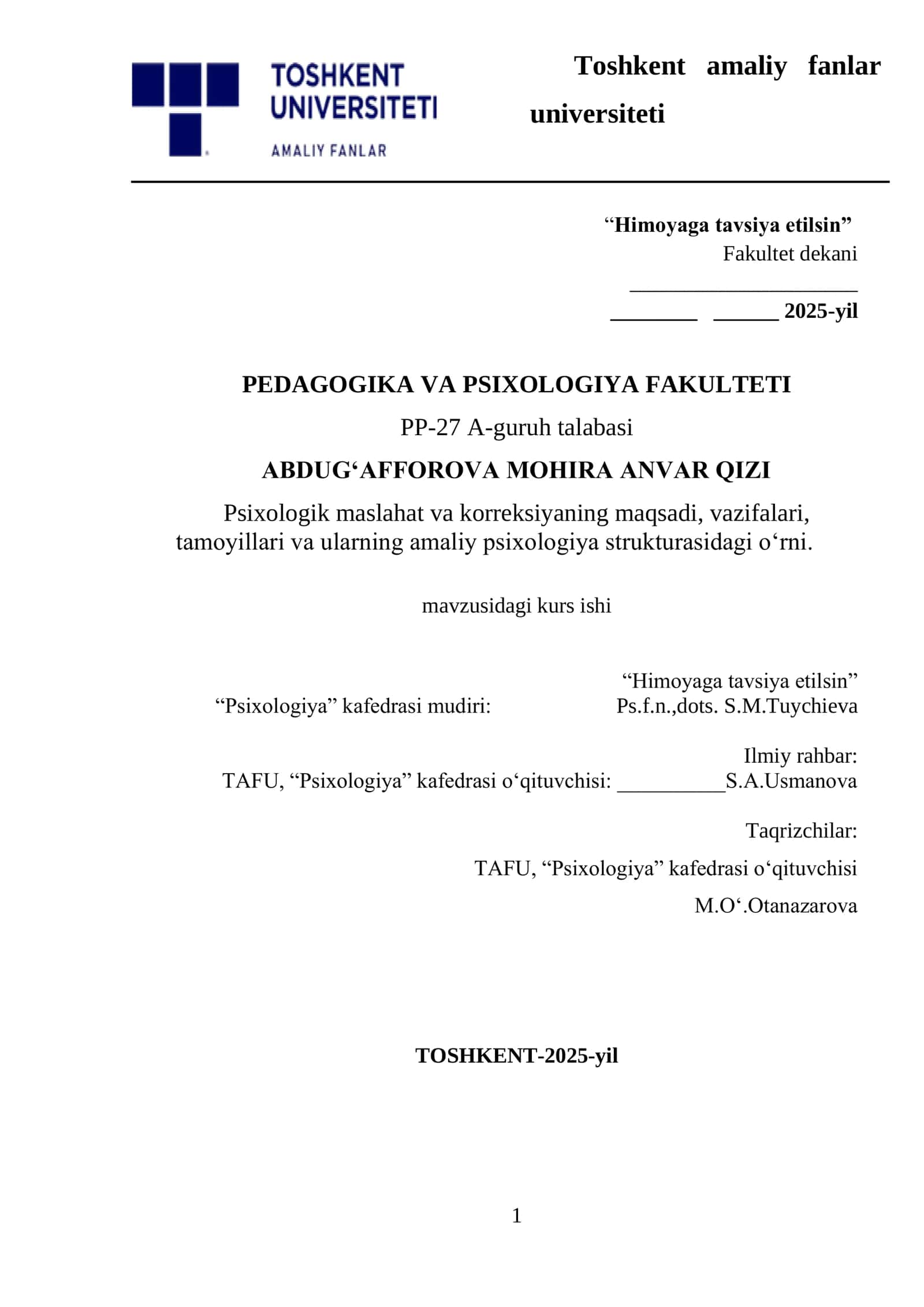 Psixologik maslahat va korreksiyaning maqsadi, vazifalari, tamoyillari va ularning amaliy psixologiya strukturasidagi oʻrni 1