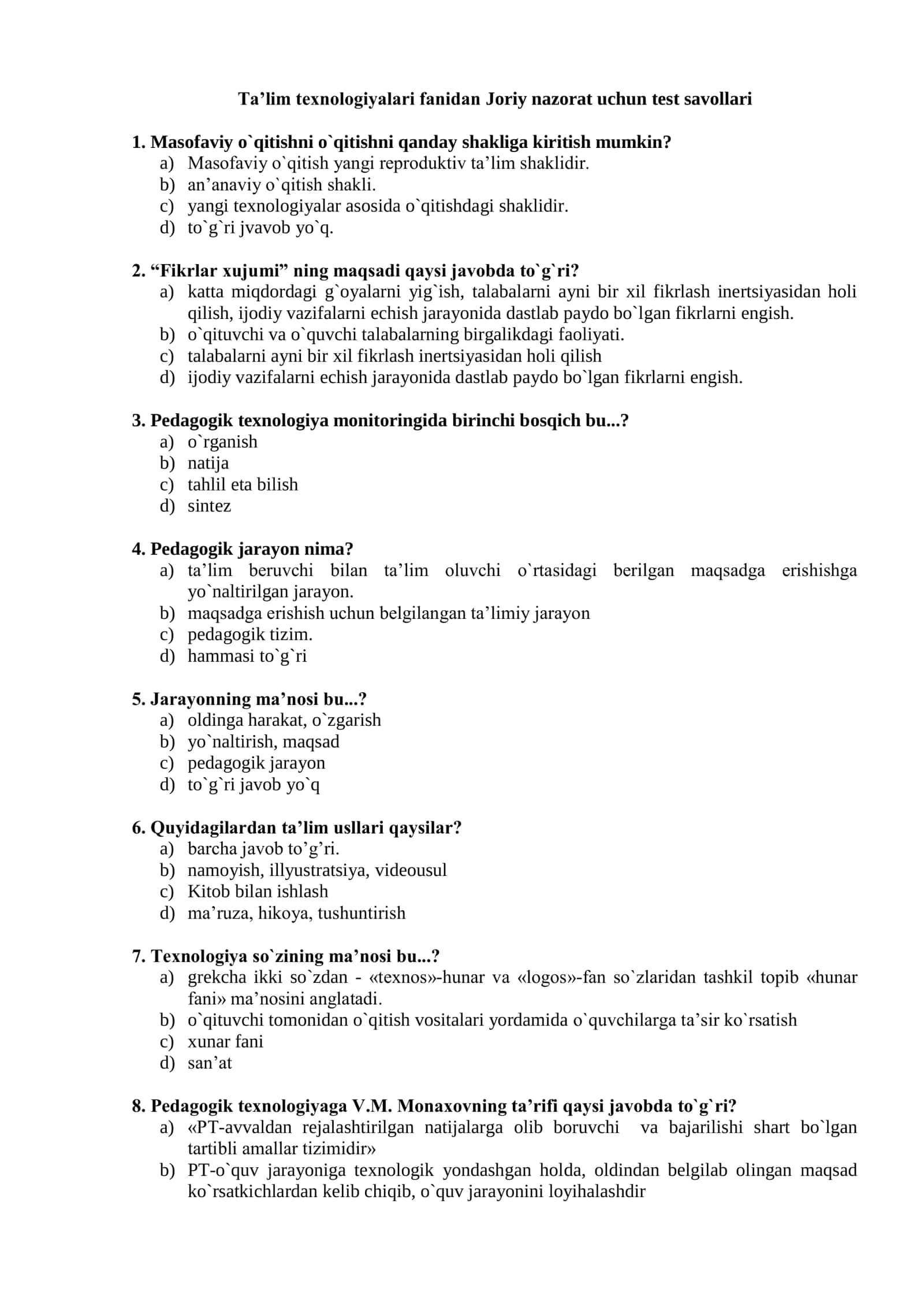 Ta’lim texnologiyalari fanidan Joriy nazorat uchun test savollari 1
