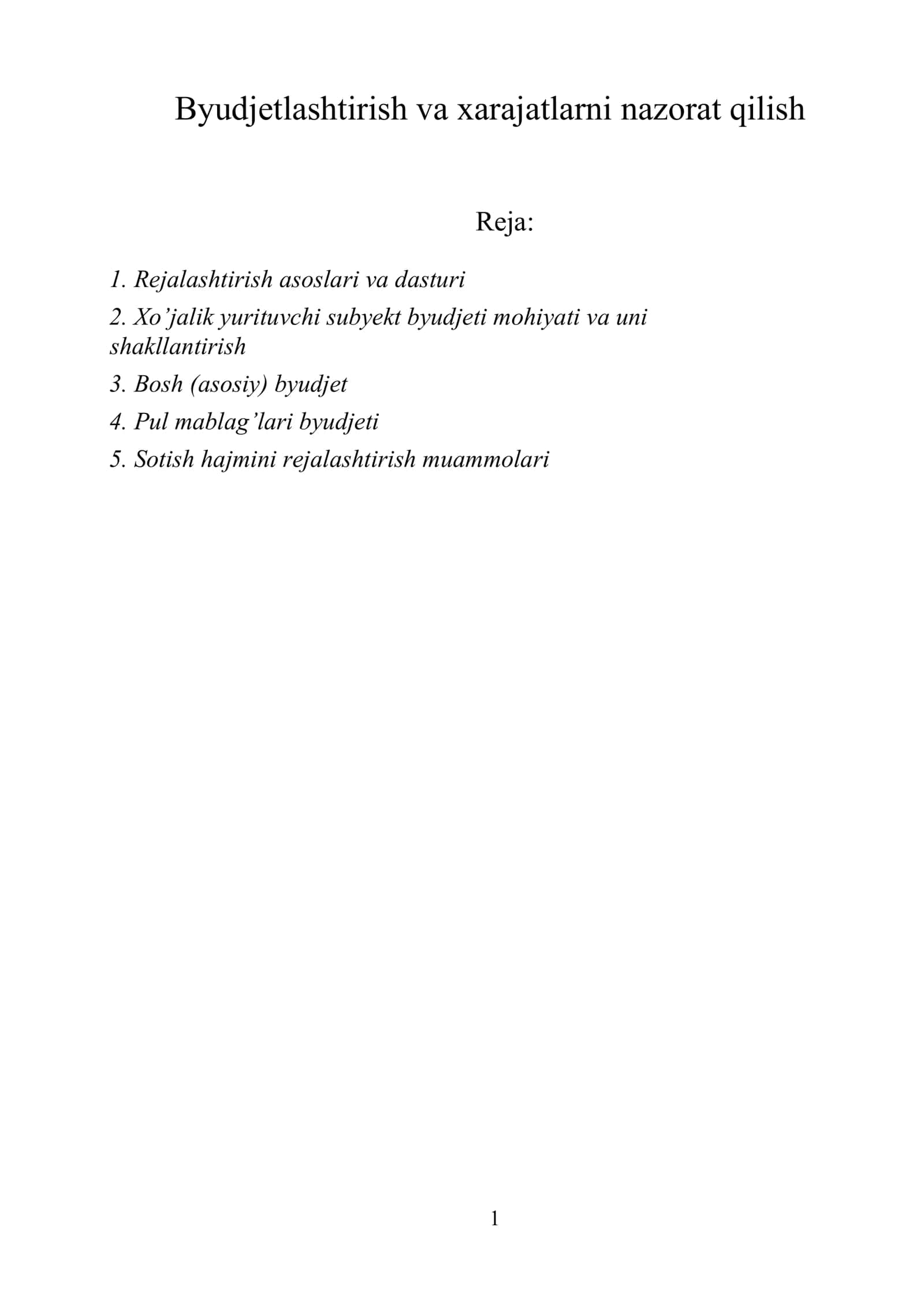Byudjetlashtirish va xarajatlarni nazorat qilish 1