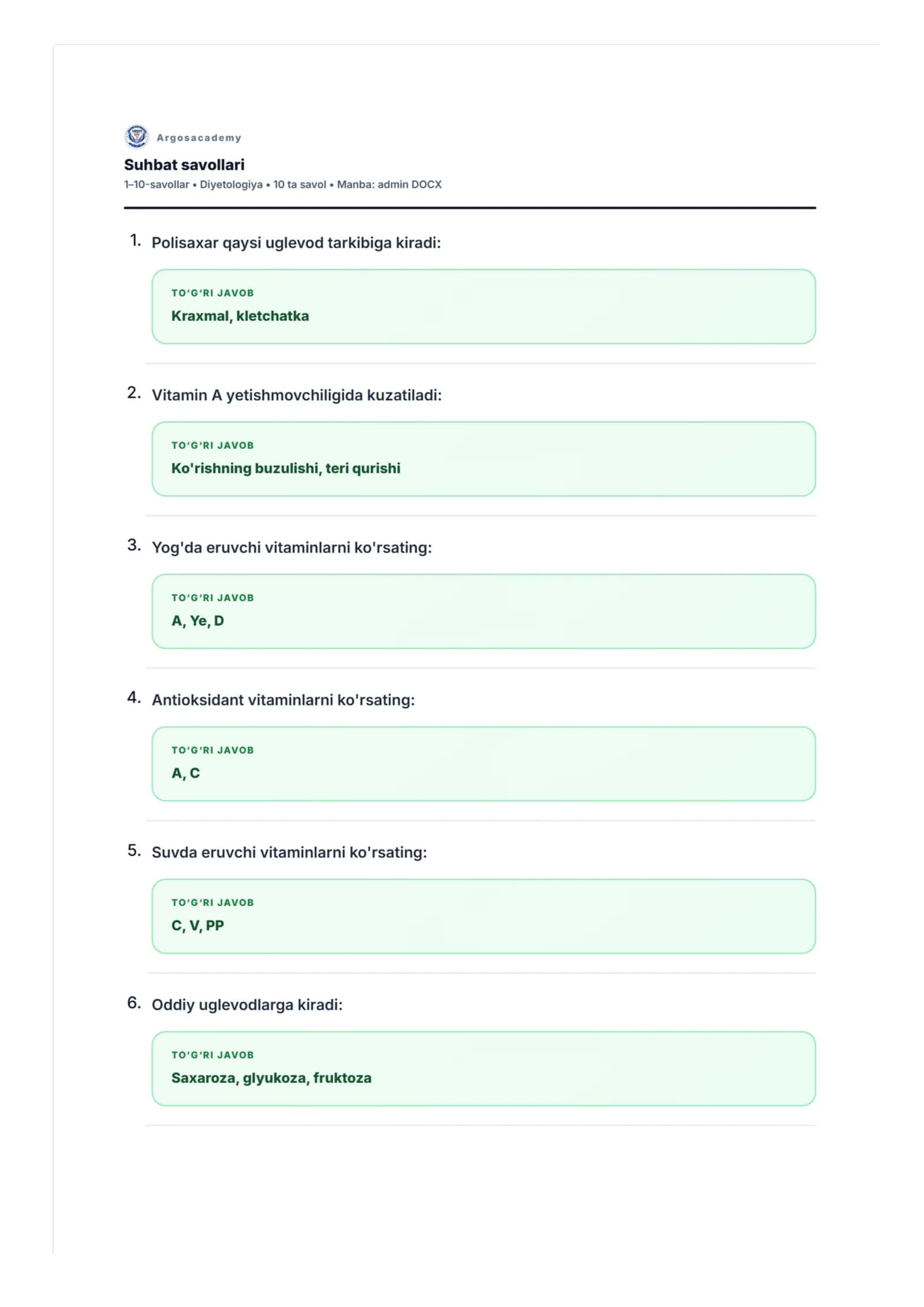 Diyetologiya bo'yicha testlar (argos.test) 1