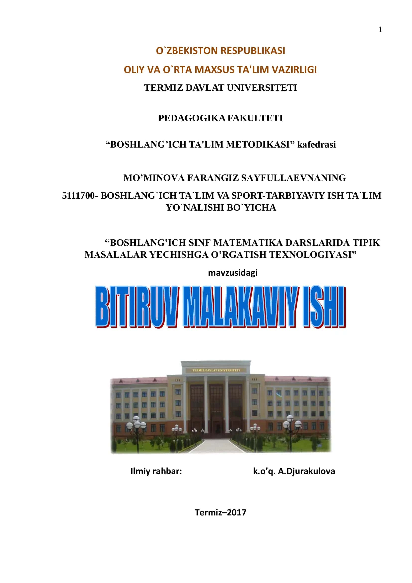 BOSHLANG’ICH SINF MATEMATIKA DARSLARIDA TIPIK MASALALAR YECHISHGA O’RGATISH TEXNOLOGIYASI 1