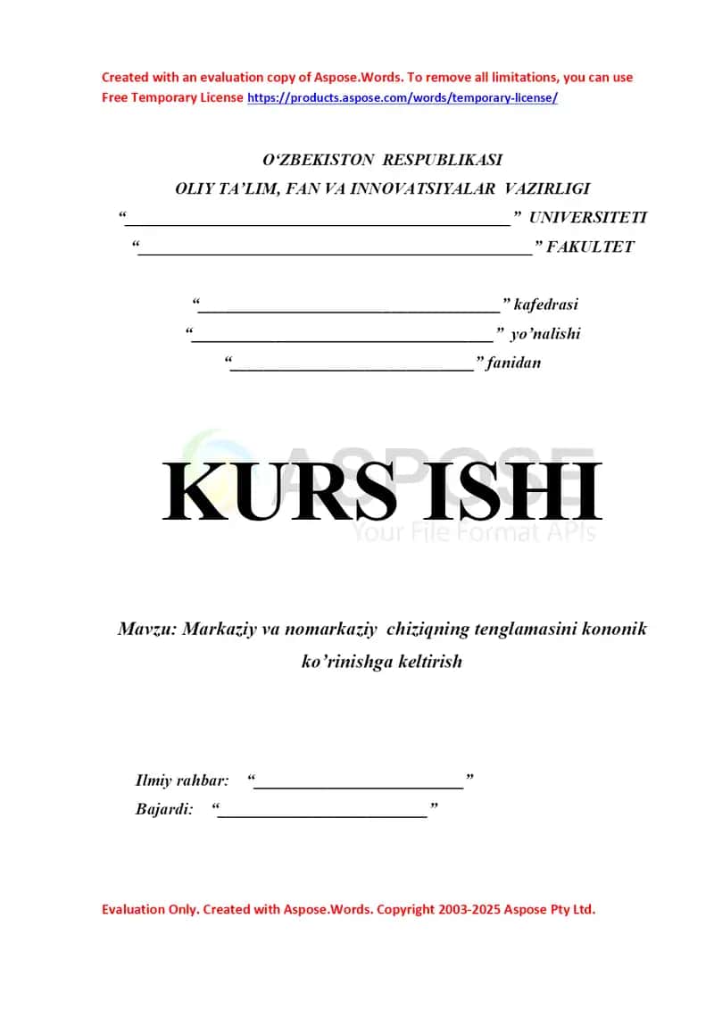 Markaziy va nomarkaziy  chiziqning tenglamasini kononik ko’rinishga keltirish kurs ishi 1
