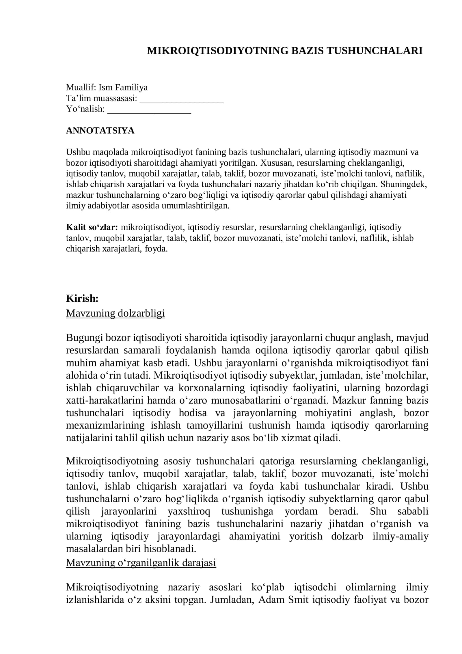 “Mikroiqtisodiyotning bazis tushunchalari — ilmiy maqola” 1