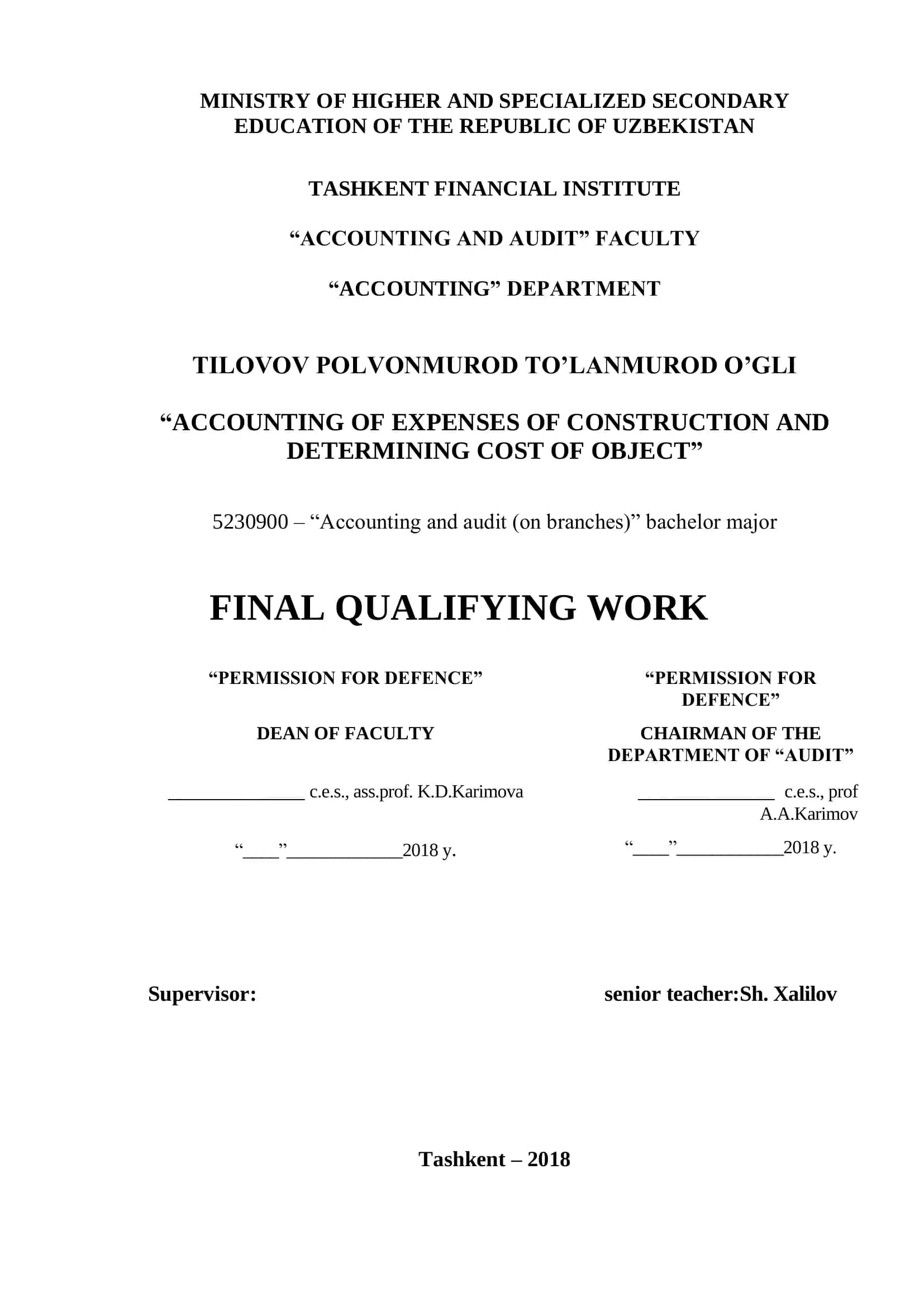 Accounting of Expenses of Construction and Determining Cost of Object 1