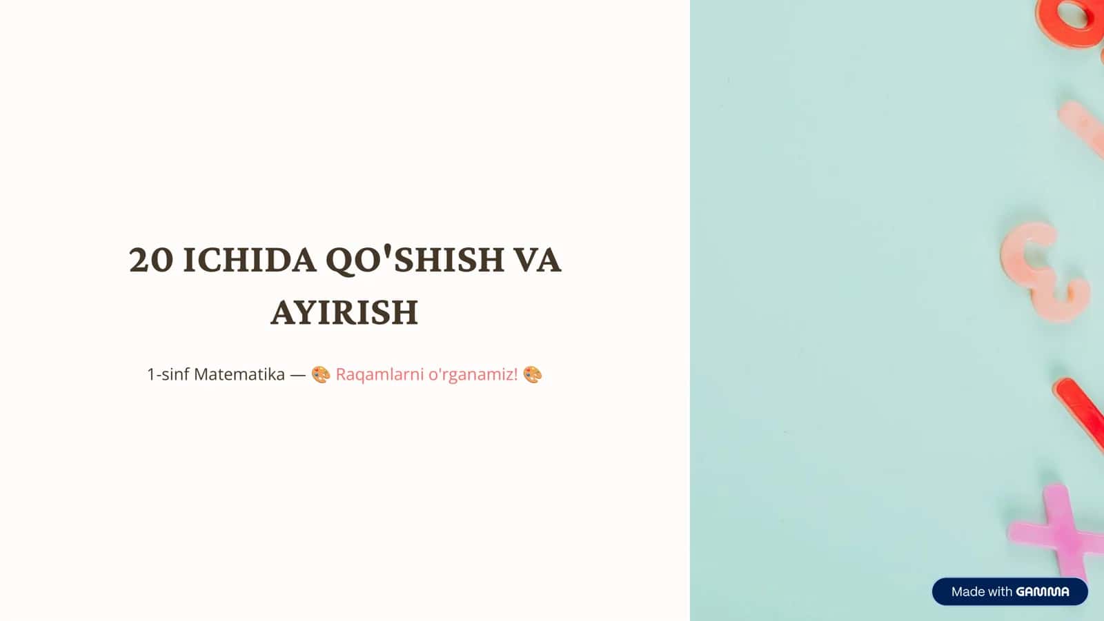 1-sinf matematika 20 ICHIDA QO'SHISH VA AYIRISH 1