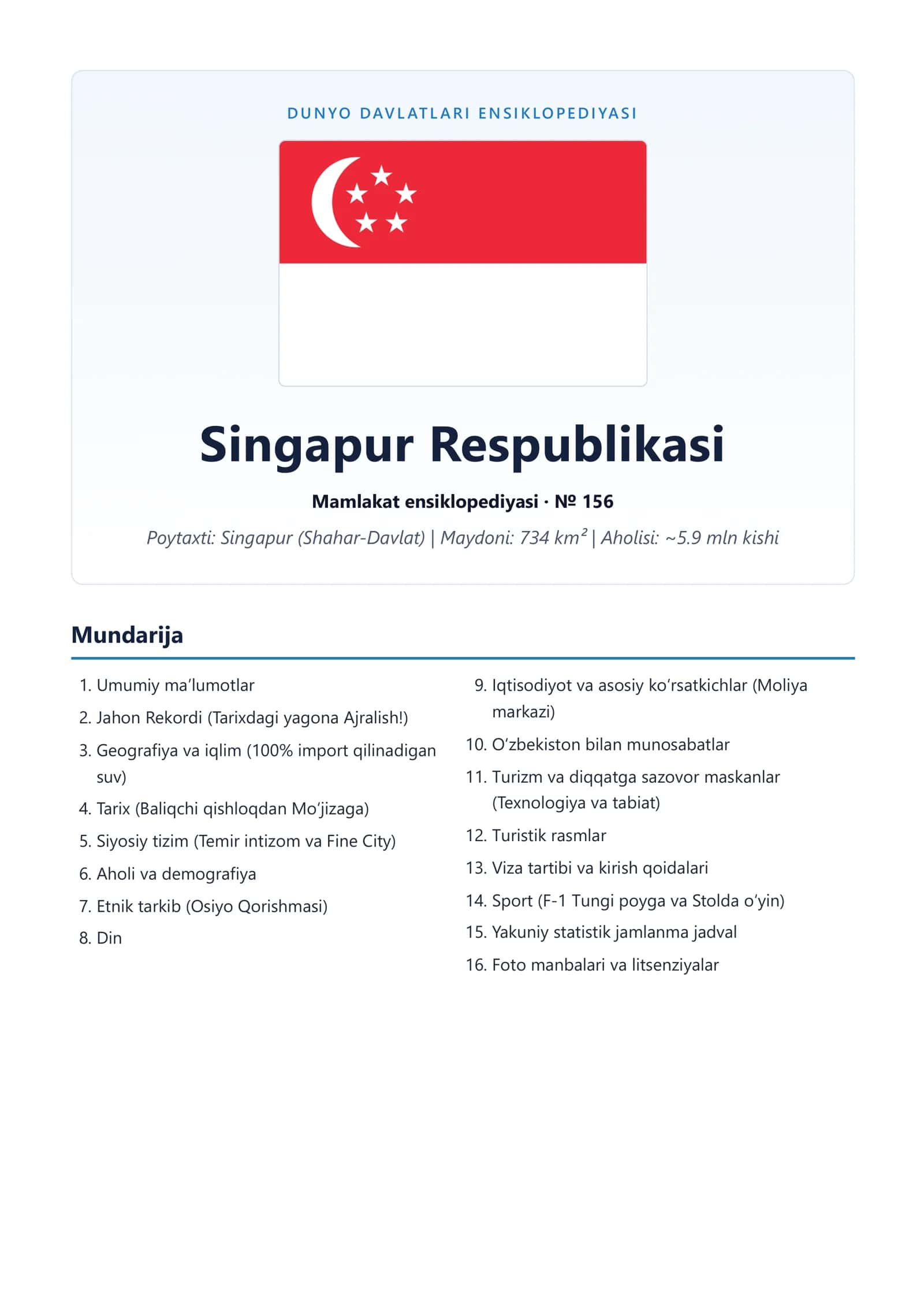 Singapur Respublikasi Mamlakat ensiklopediyasi · № 156 1