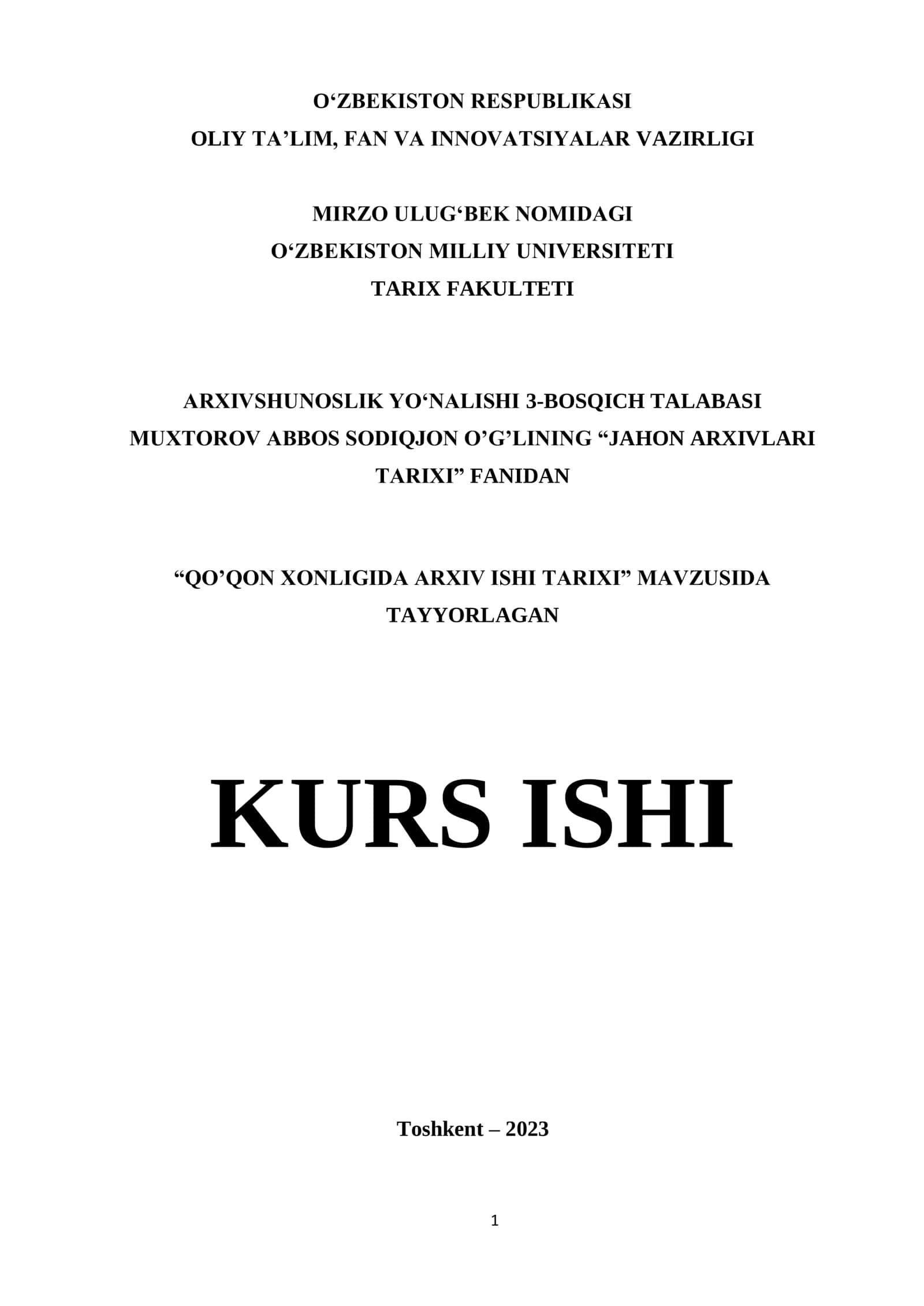 QO’QON XONLIGIDA ARXIV ISHI TARIXI 1