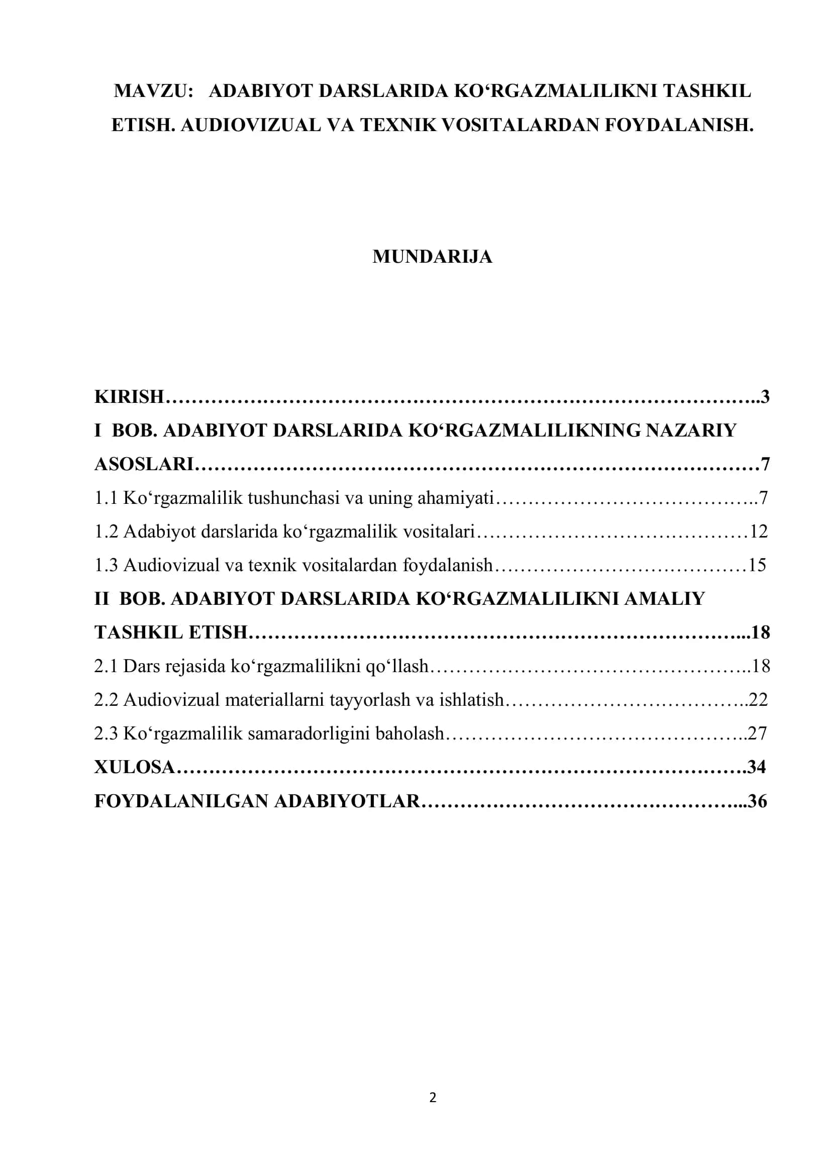 ADABIYOT DARSLARIDA KO‘RGAZMALILIKNI TASHKIL ETISH. AUDIOVIZUAL VA TEXNIK VOSITALARDAN FOYDALANISH 1