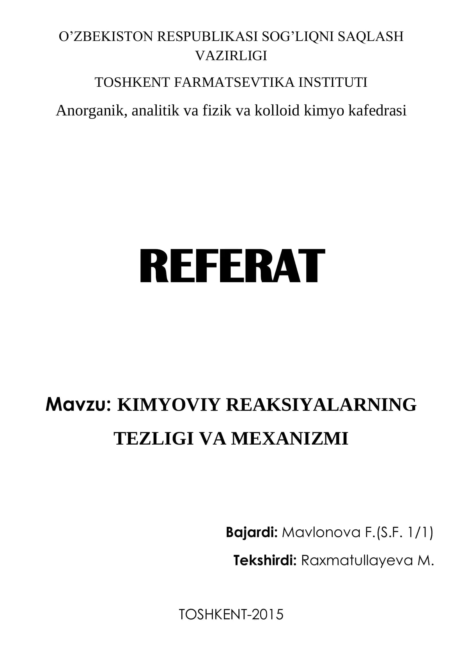 KIMYOVIY REAKSIYALARNING TEZLIGI VA MEXANIZMI 1