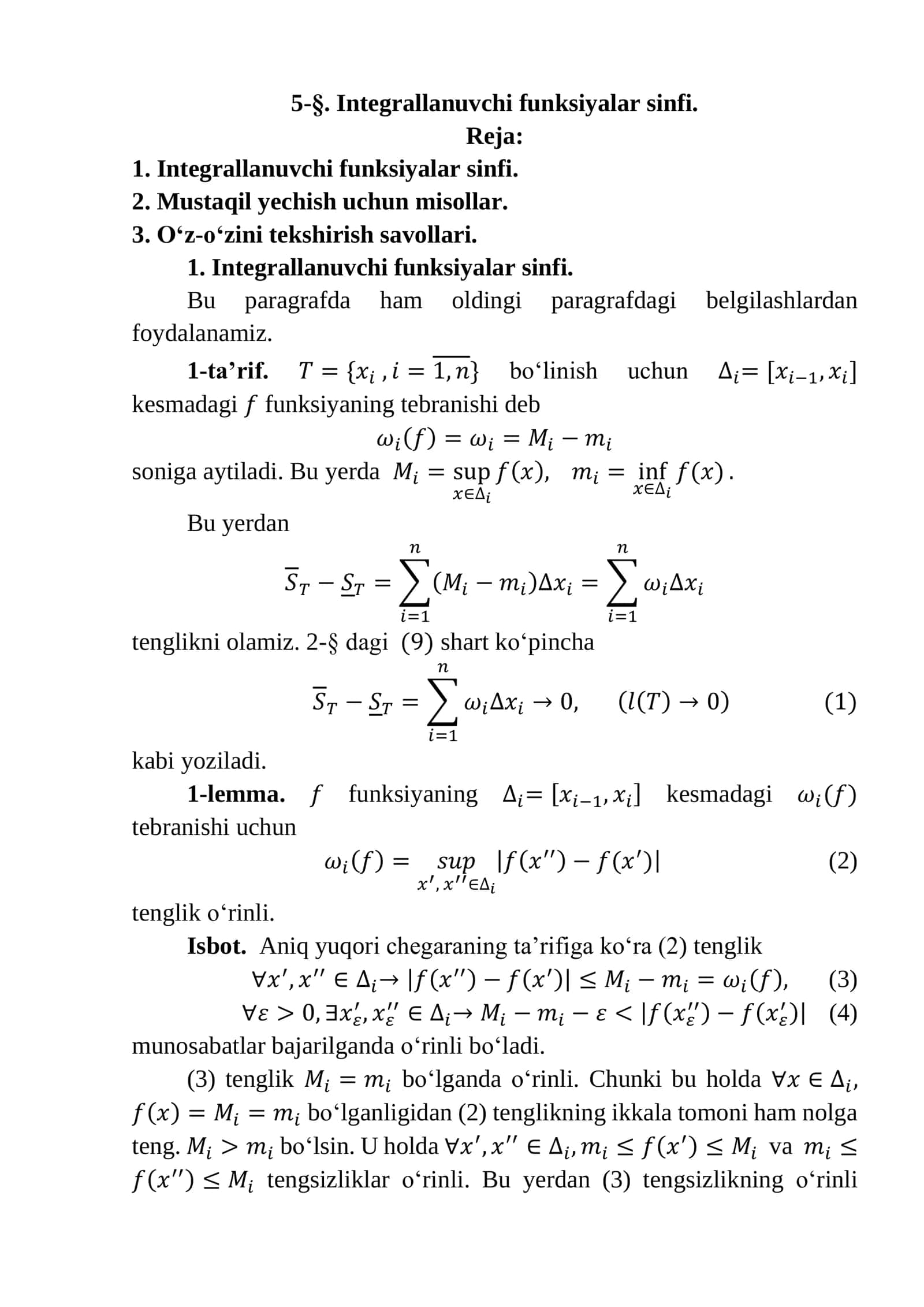 Integrallanuvchi funksiyalar sinfi 1