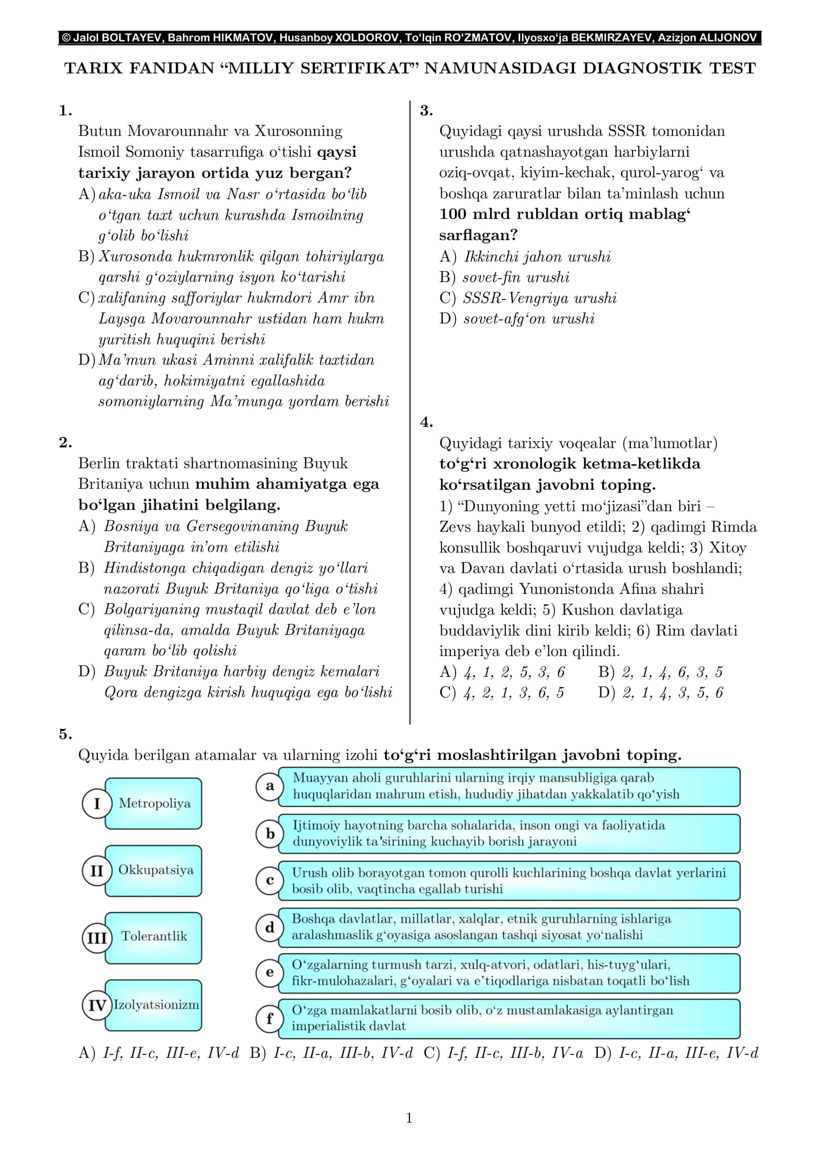 “MILLIY SERTIFIKAT” NAMUNASIDAGI DIAGNOSTIK TEST 1