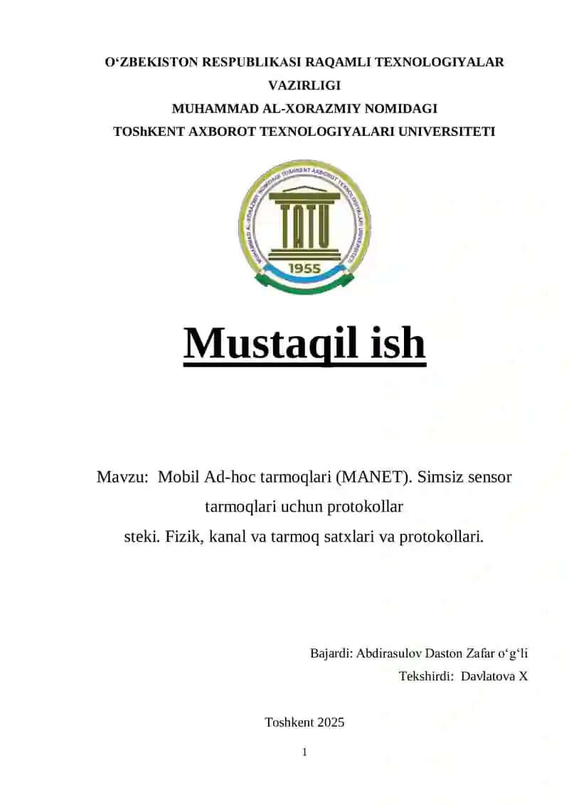 Mobil Ad-hoc tarmoqlari (MANET) protokollar