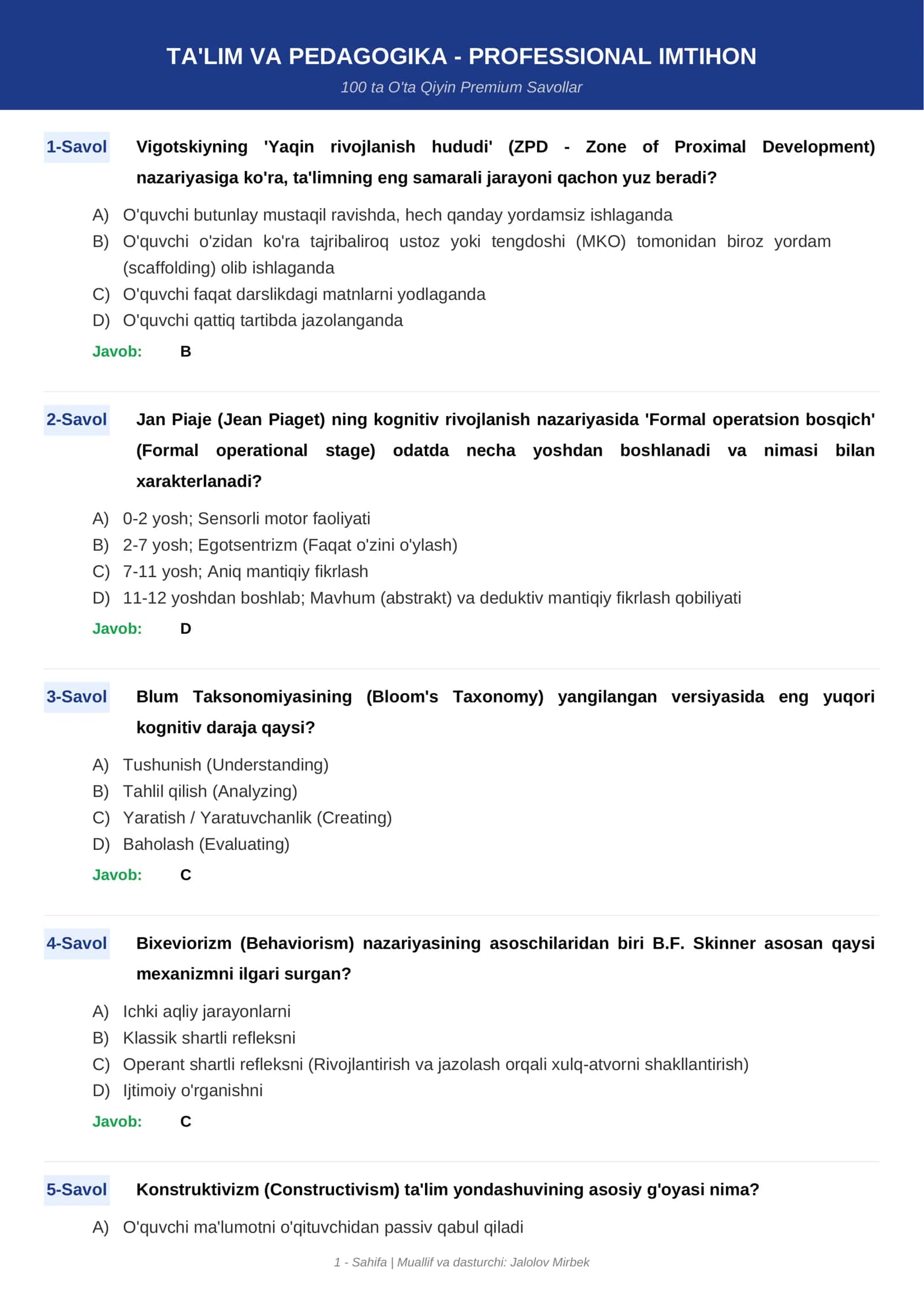 TA'LIM VA PEDAGOGIKA - PROFESSIONAL IMTIHON 1