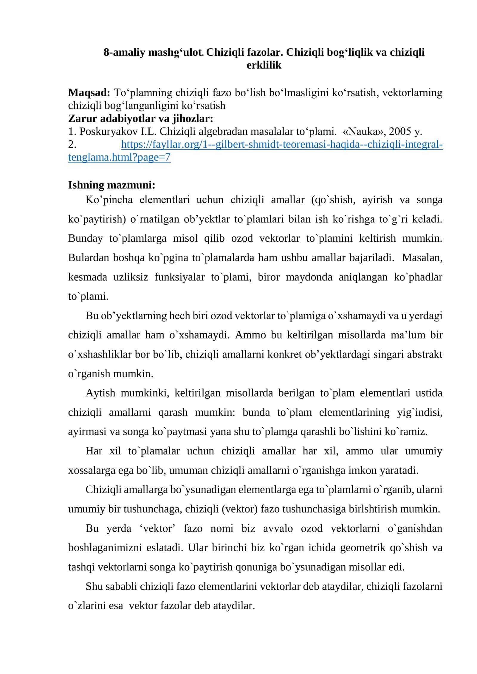 Chiziqli fazolar. Chiziqli bog‘liqlik va chiziqli erklilik 1