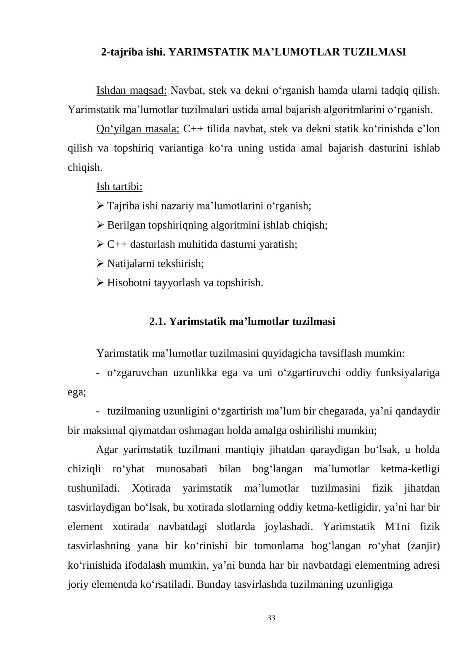 YARIMSTATIK MA‟LUMOTLAR TUZILMASI 1