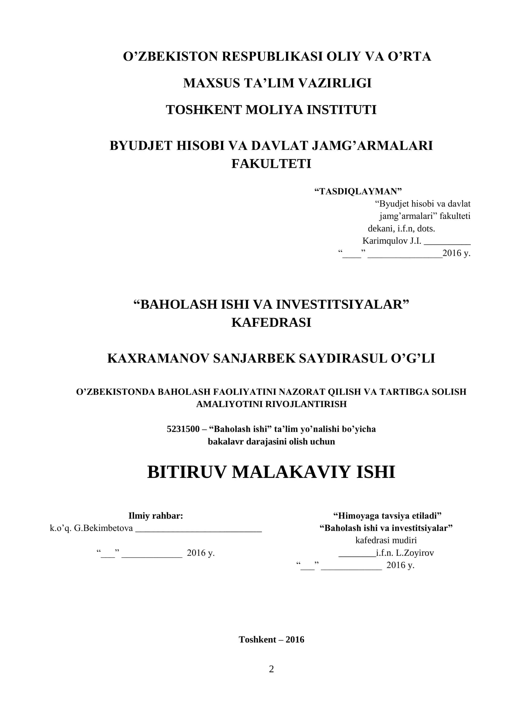 Baholash ishi va investitsiyalar 1