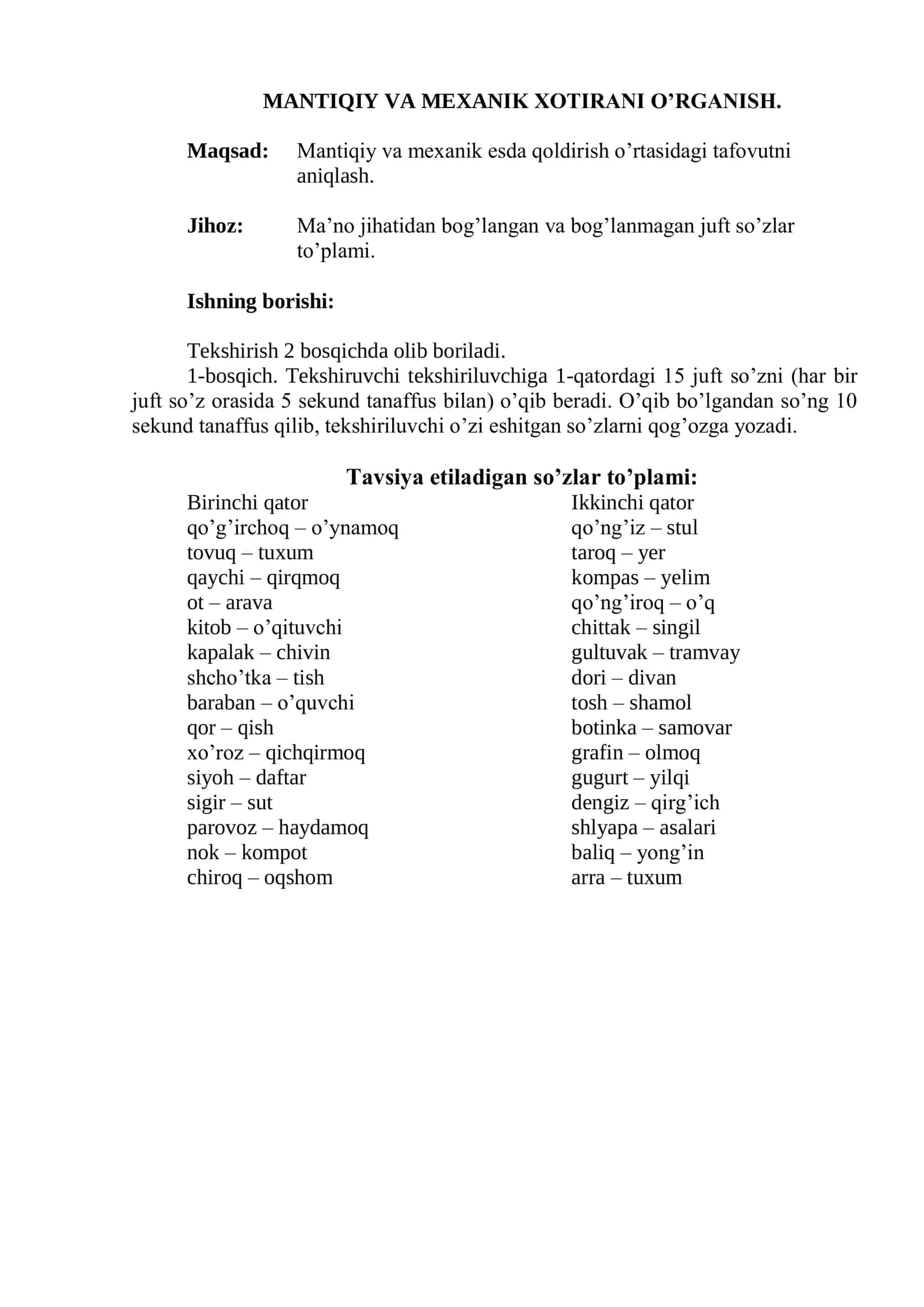 MANTIQIY VA MEXANIK XOTIRANI O’RGANISH 1