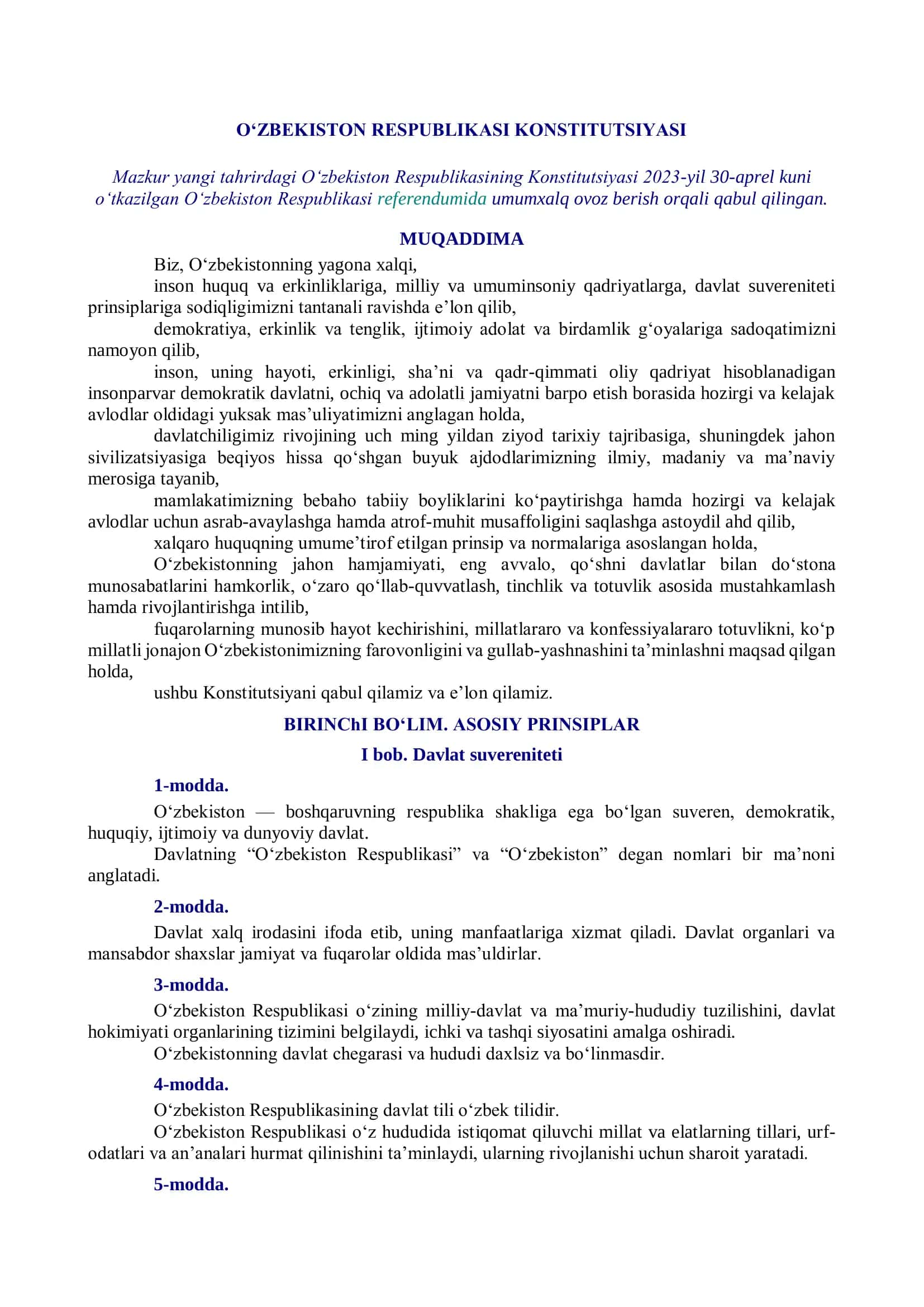 O‘ZBEKISTON RESPUBLIKASI KONSTITUTSIYASI 1