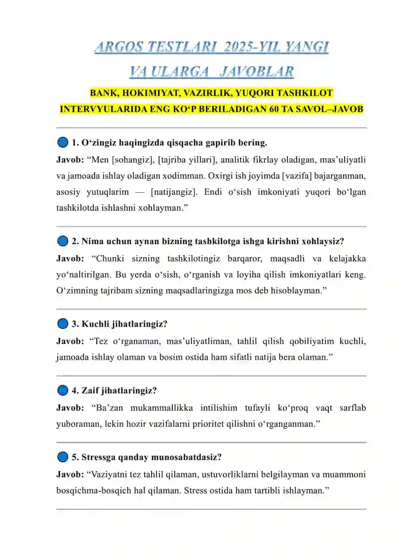 ARGOS TESTLARI 2025-YIL YANGI VA ULARGA JAVOBLAR 1