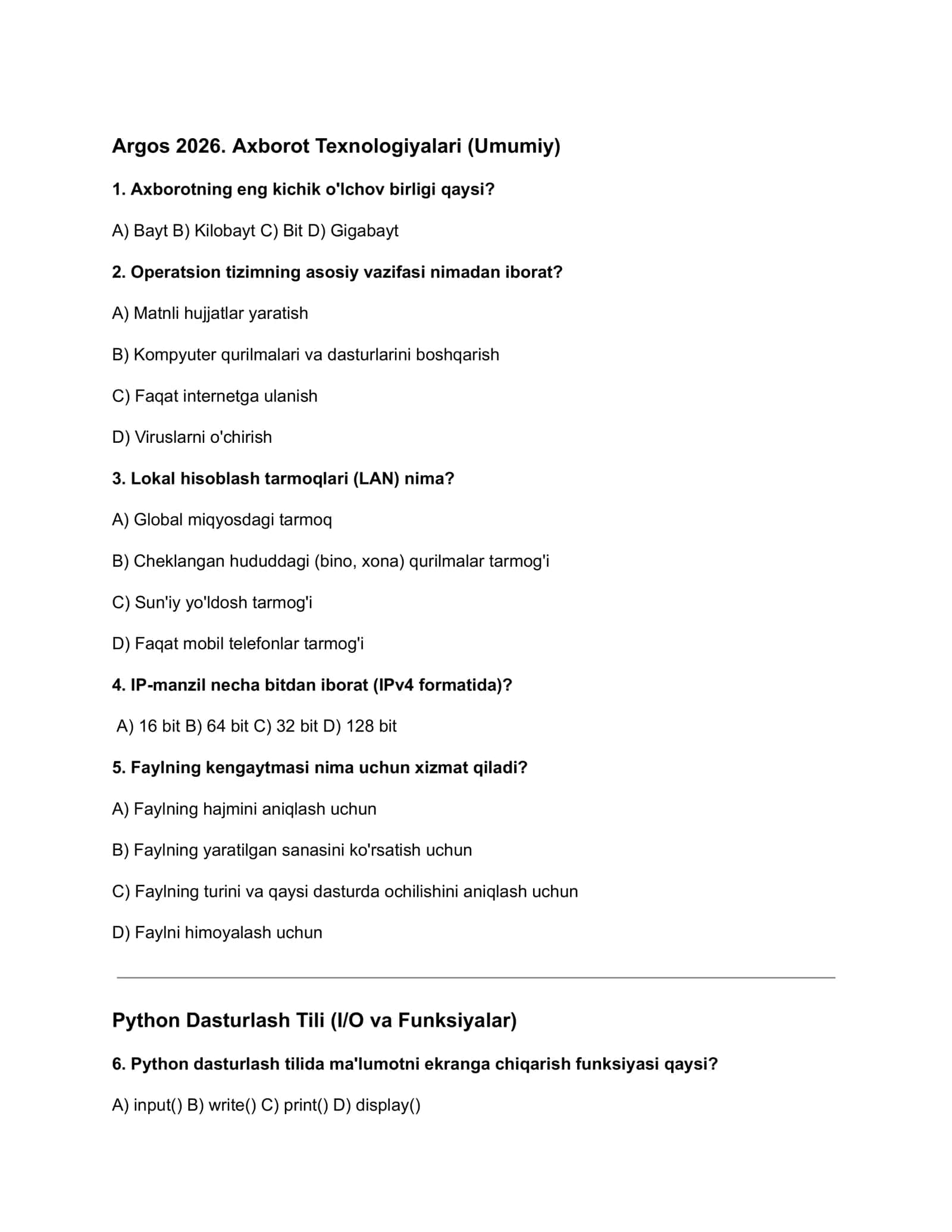 Argos Axborot texnologiya test 2026 189ta+javoblar bilan 1
