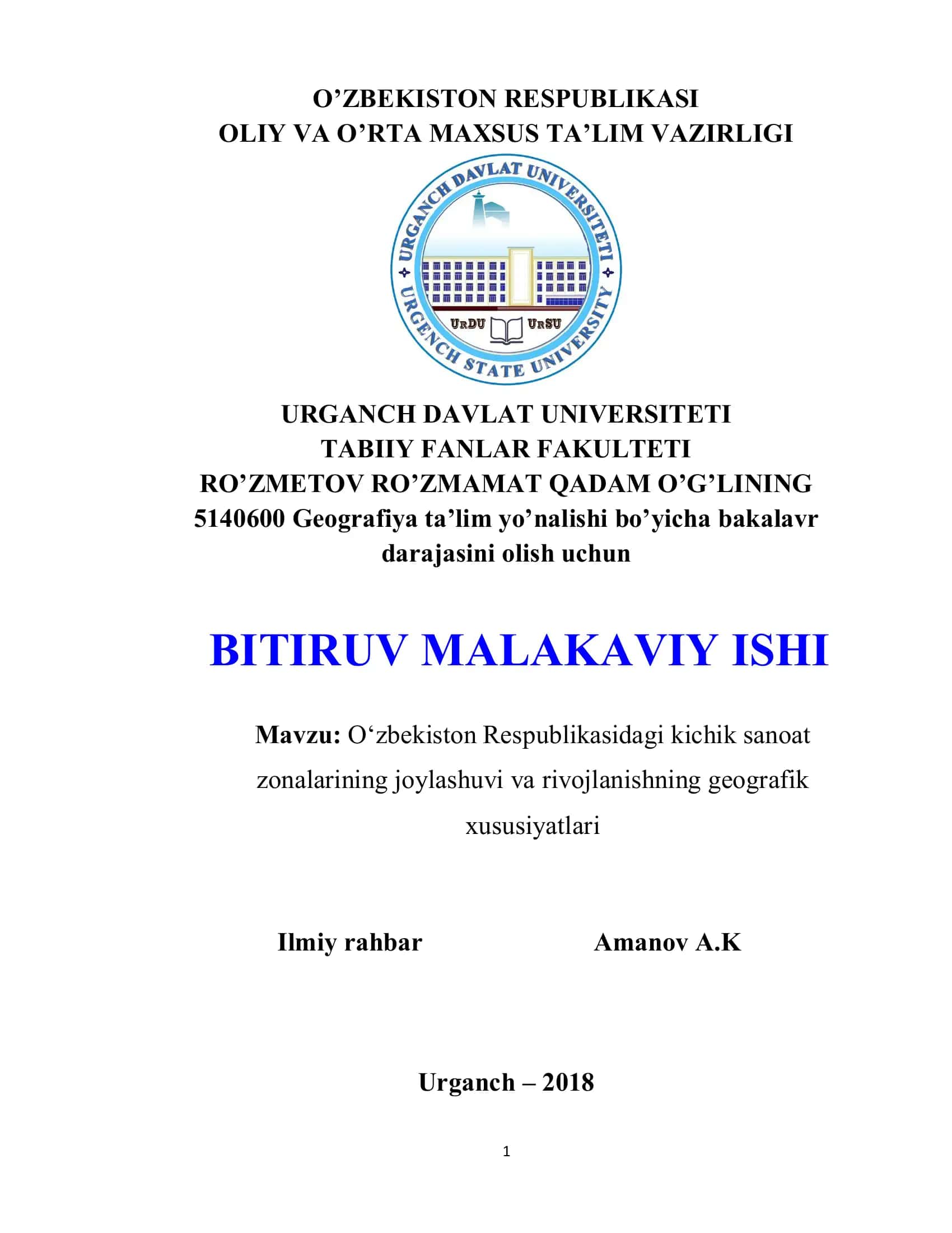 O‘zbekiston Respublikasidagi kichik sanoat zonalarining joylashuvi va rivojlanishning geografik xususiyatlari 1