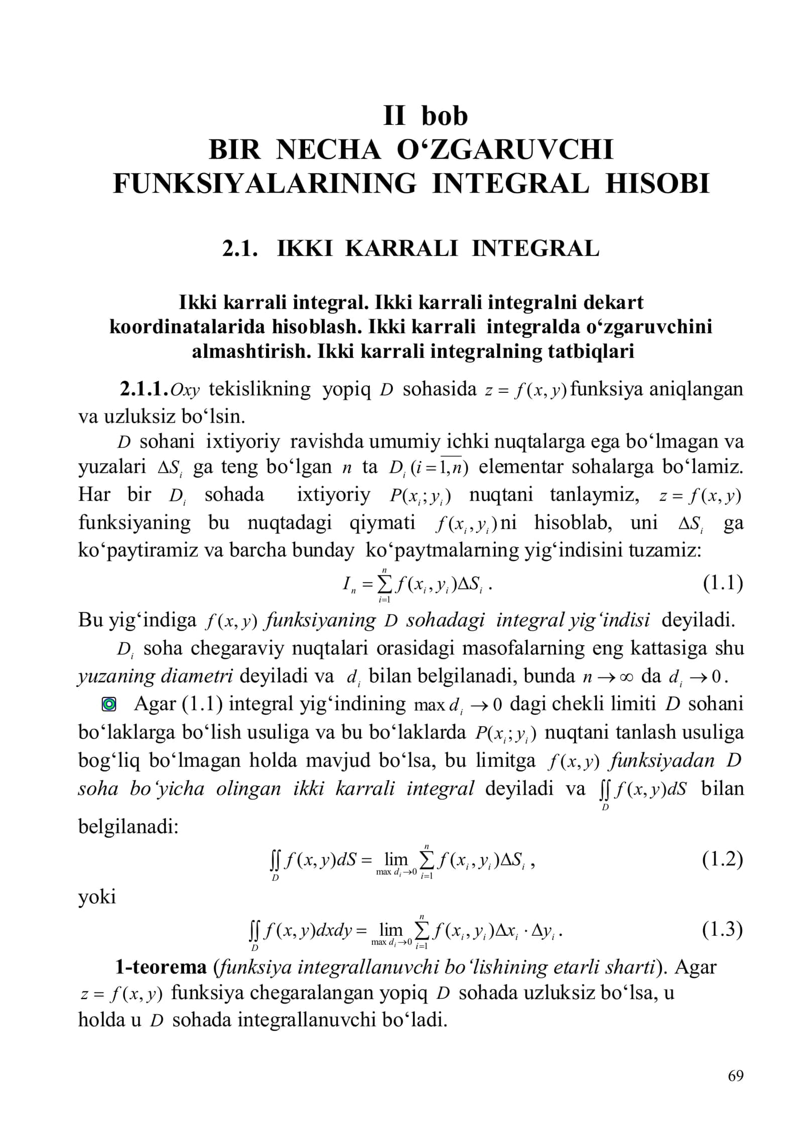 BIR NECHA O‘ZGARUVCHI FUNKSIYALARINING INTEGRAL HISOBI 1
