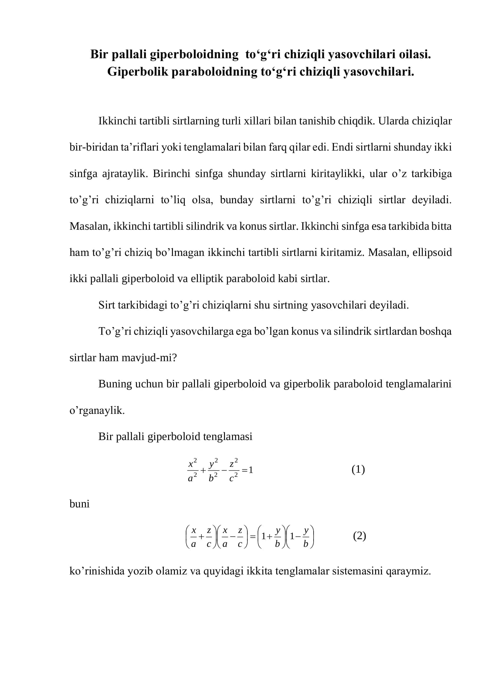 Bir pallali giperboloidning tо‘g‘ri chiziqli yasovchilari oilasi 1