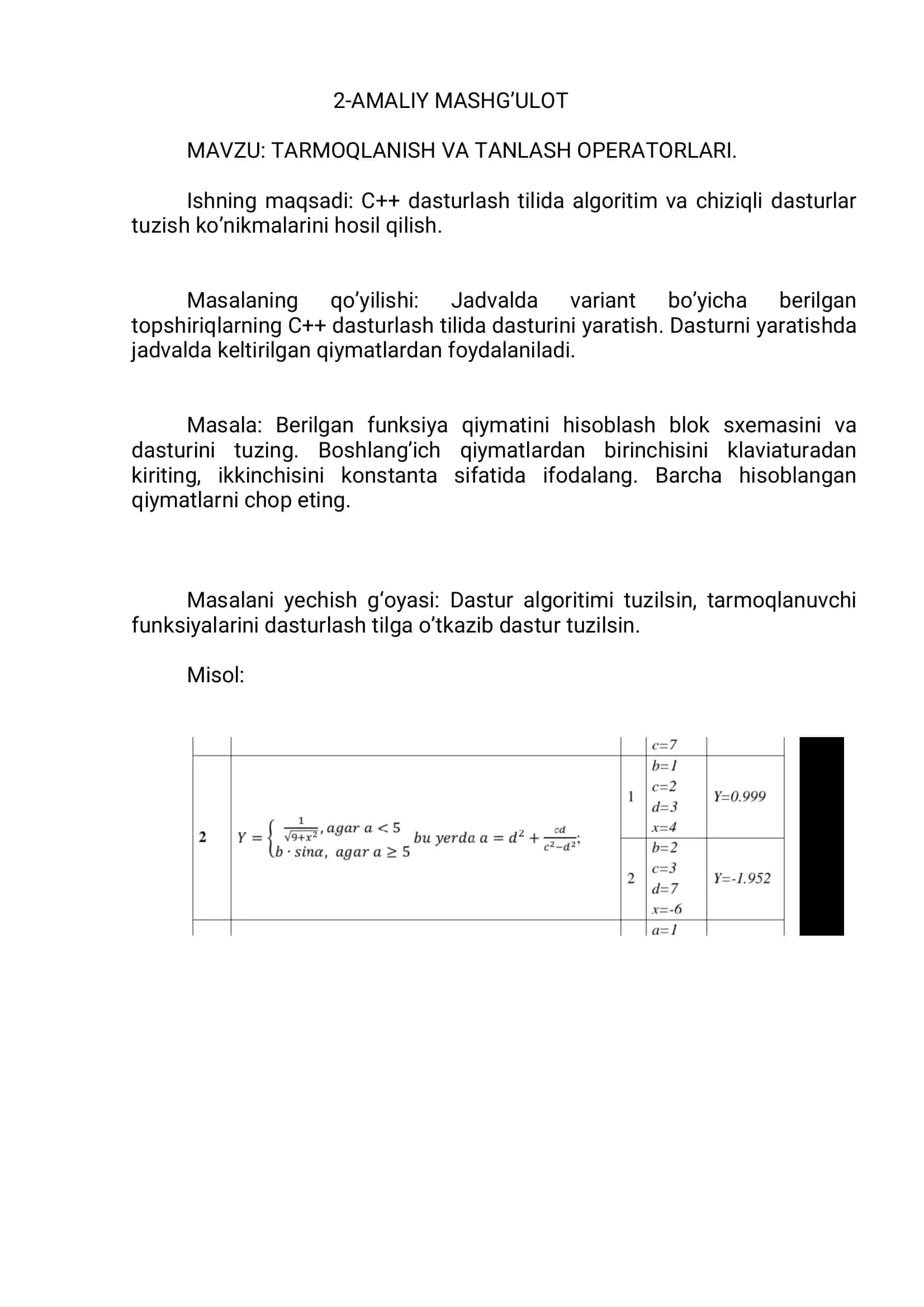 TARMOQLANISH VA TANLASH OPERATORLARI 1