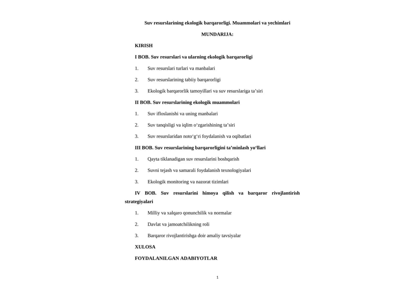 Suv resurslarining ekologik barqarorligi. Muammolari va yechimlari 1