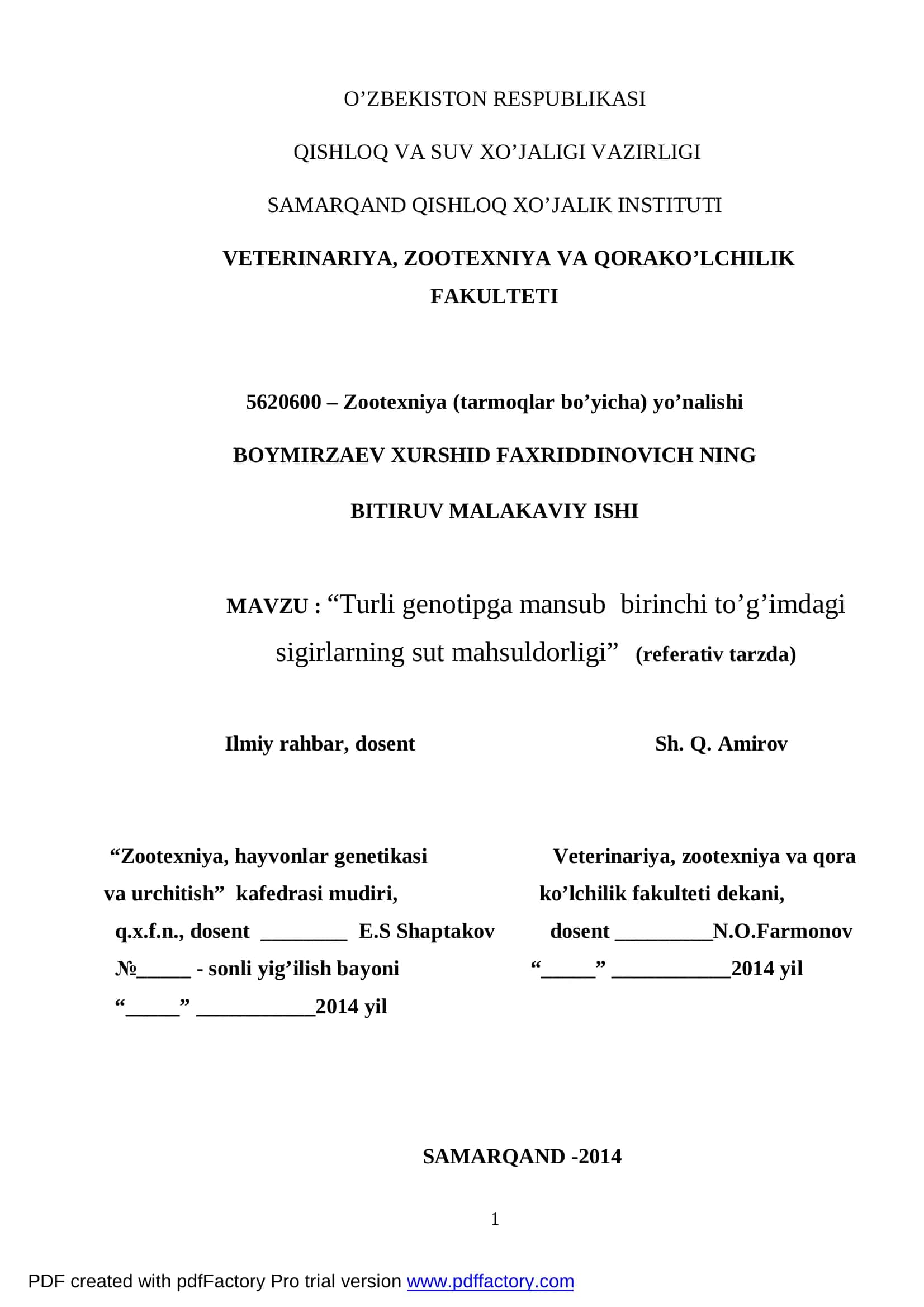 “Turli genotipga mansub birinchi to’g’imdagi sigirlarning sut mahsuldorligi” 1