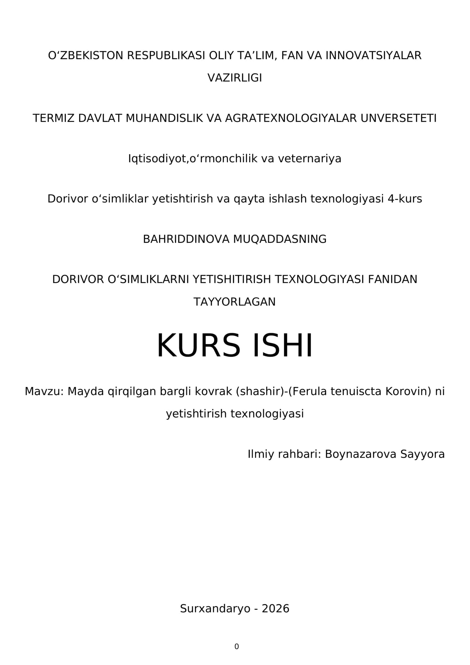 Dorivor oʻsimliklar yetishtirish va qayta ishlash texnologiyasi 4-kurs 1