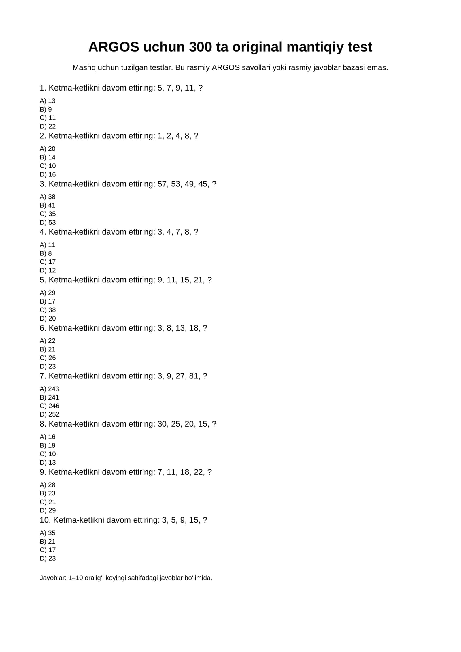 ARGOS uchun 300 ta mantiqiy IQ test — savollar va javoblar bilan 1
