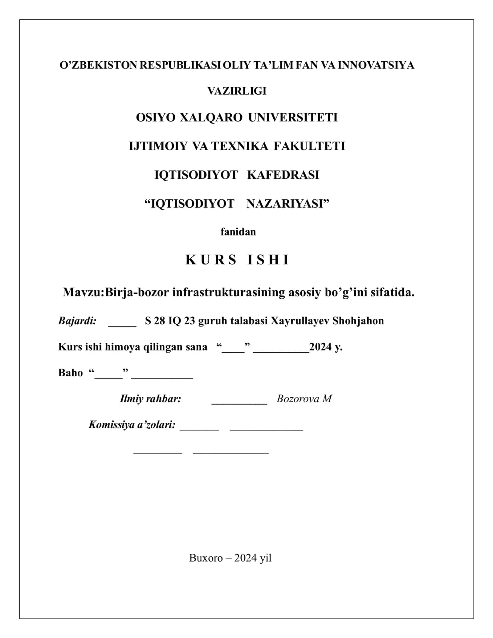 Birja-bozor infrastrukturasining asosiy bo’g’ini sifatida 1
