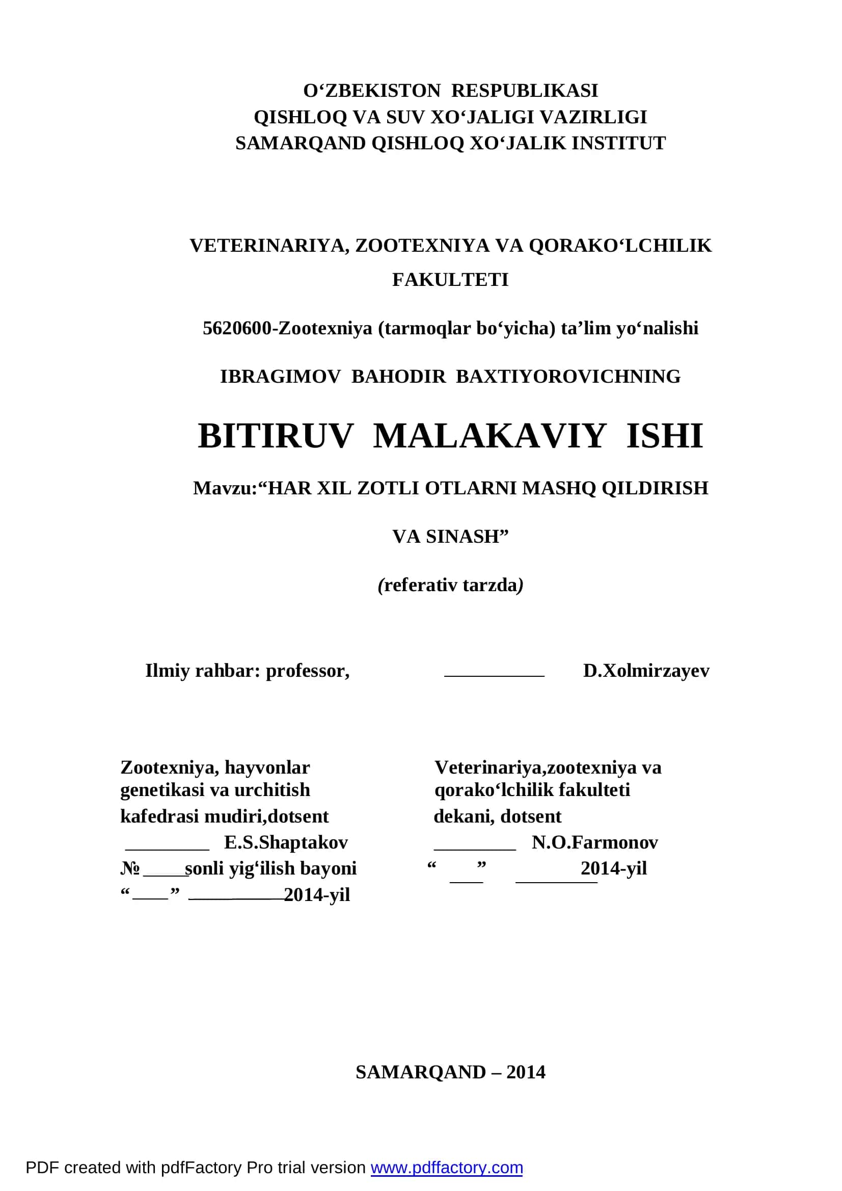 "HAR XIL ZOTLI OTLARNI MASHQ QILDIRISH VA SINASH" 1