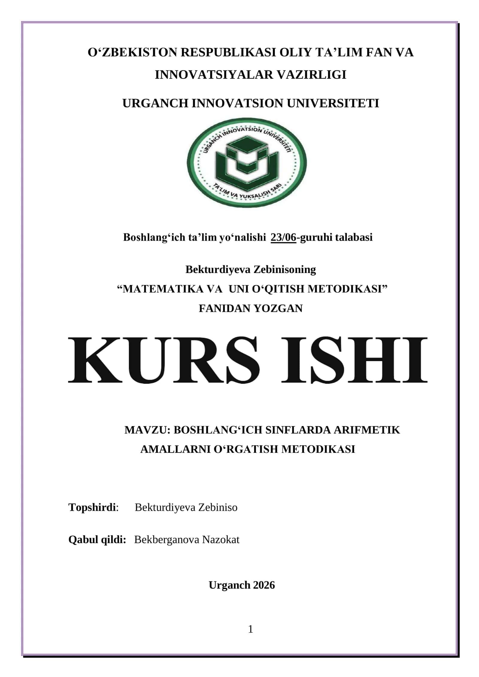 BOSHLANGʻICH SINFLARDA ARIFMETIK AMALLARNI OʻRGATISH METODIKASI 1