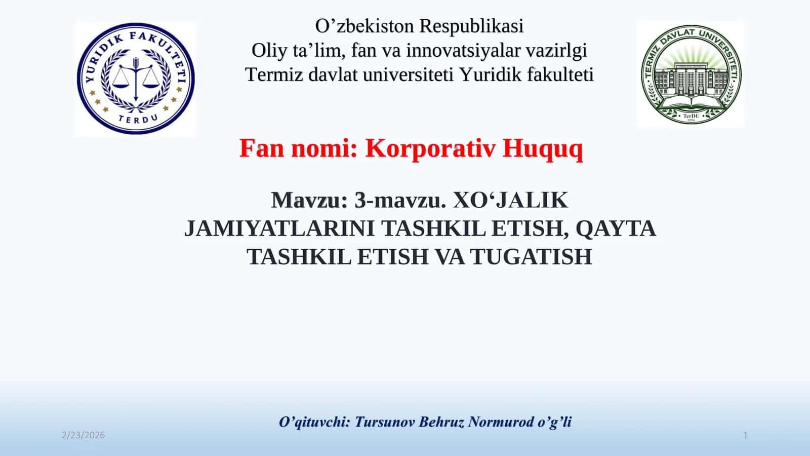 XO‘JALIK JAMIYATLARINI TASHKIL ETISH, QAYTA TASHKIL ETISH VA TUGATISH 1