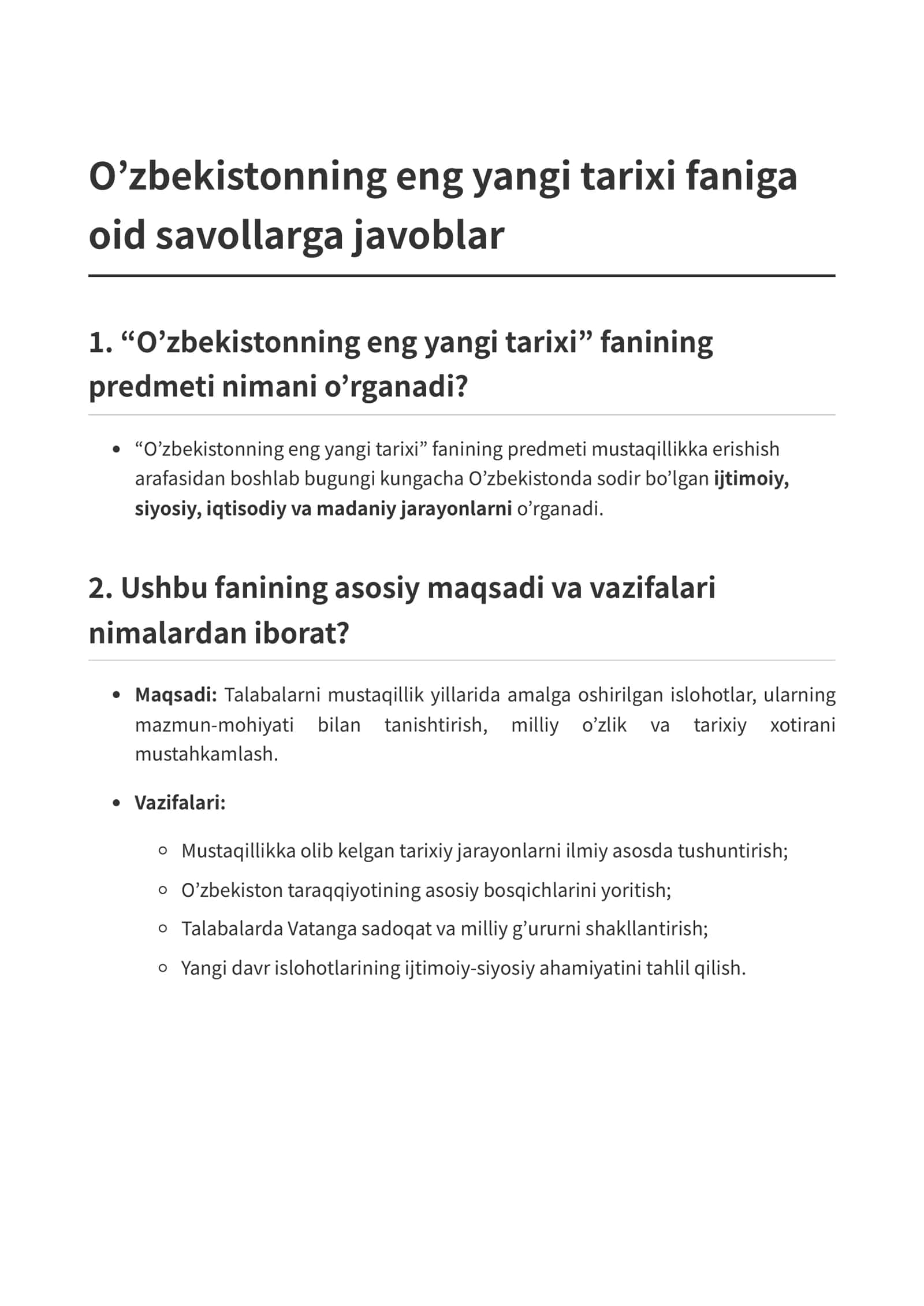 O’zbekistonning eng yangi tarixi faniga oid savollarga javoblar 1