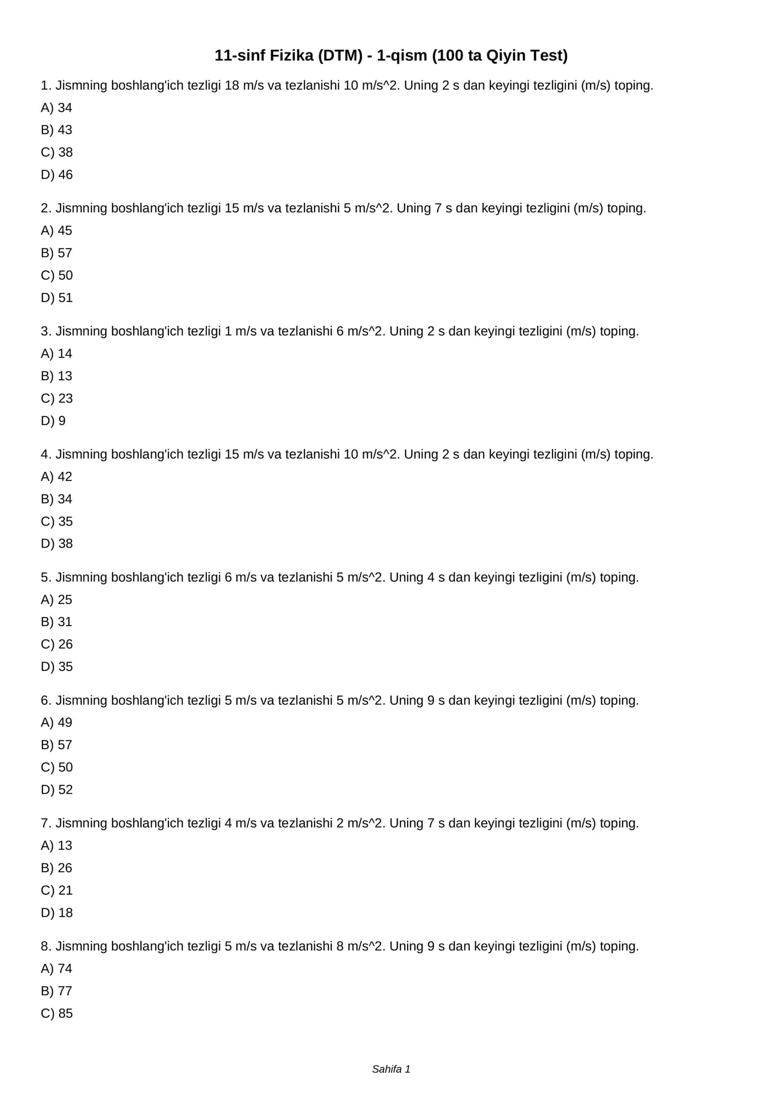 11-sinf Fizika (DTM) - 1-qism (100 ta Qiyin Test) 1