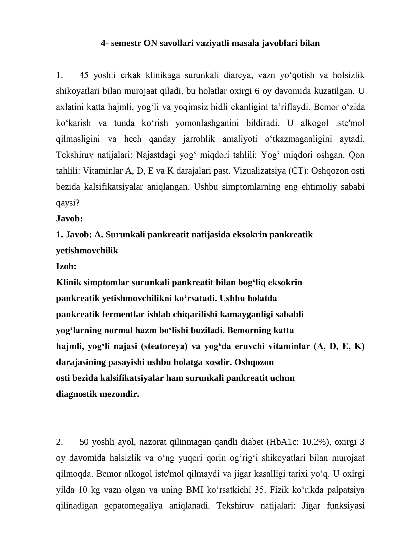 4- semestr ON savollari vaziyatli masala javoblari bilan 1