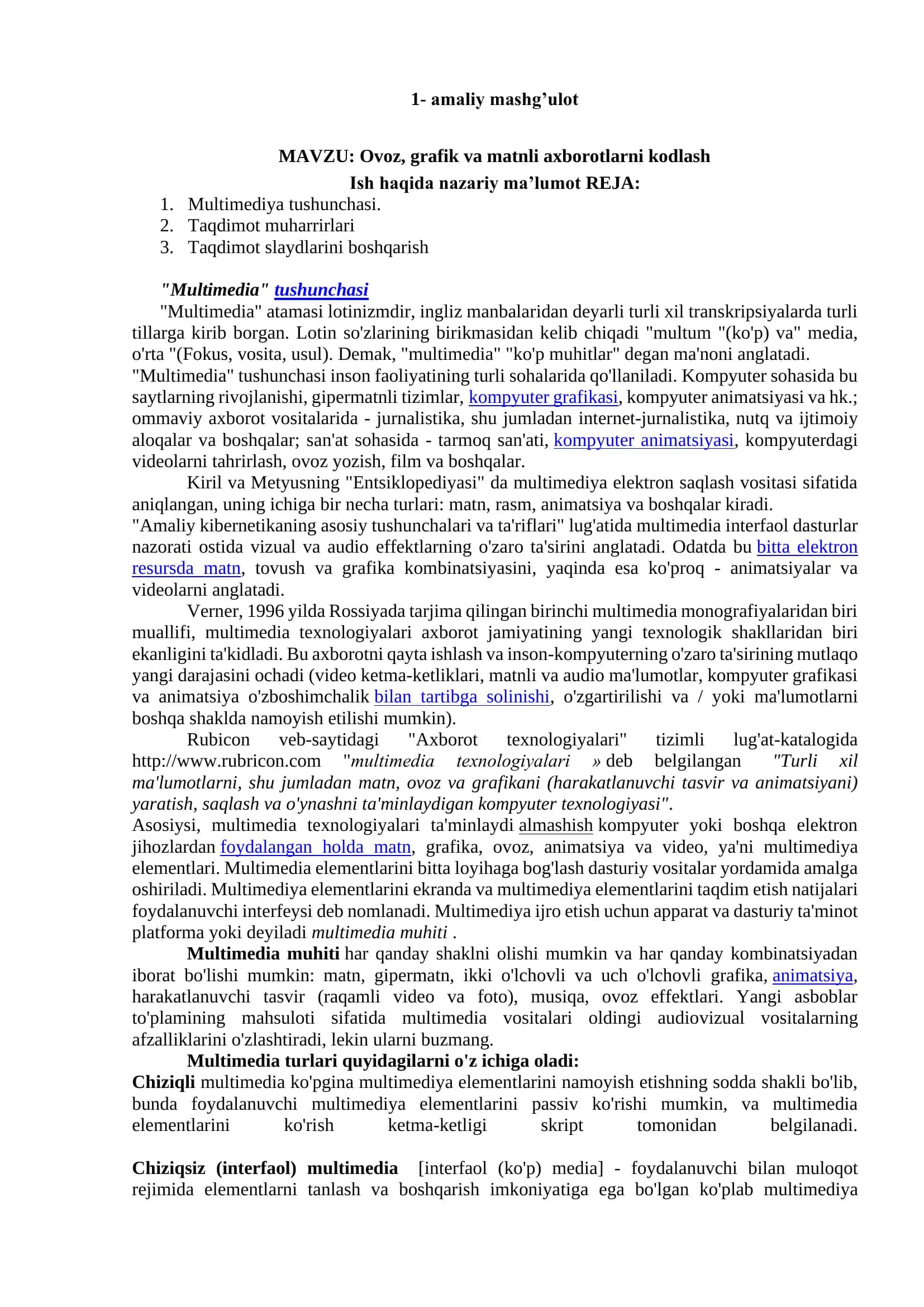 Ovoz, grafik va matnli axborotlarni kodlash 1