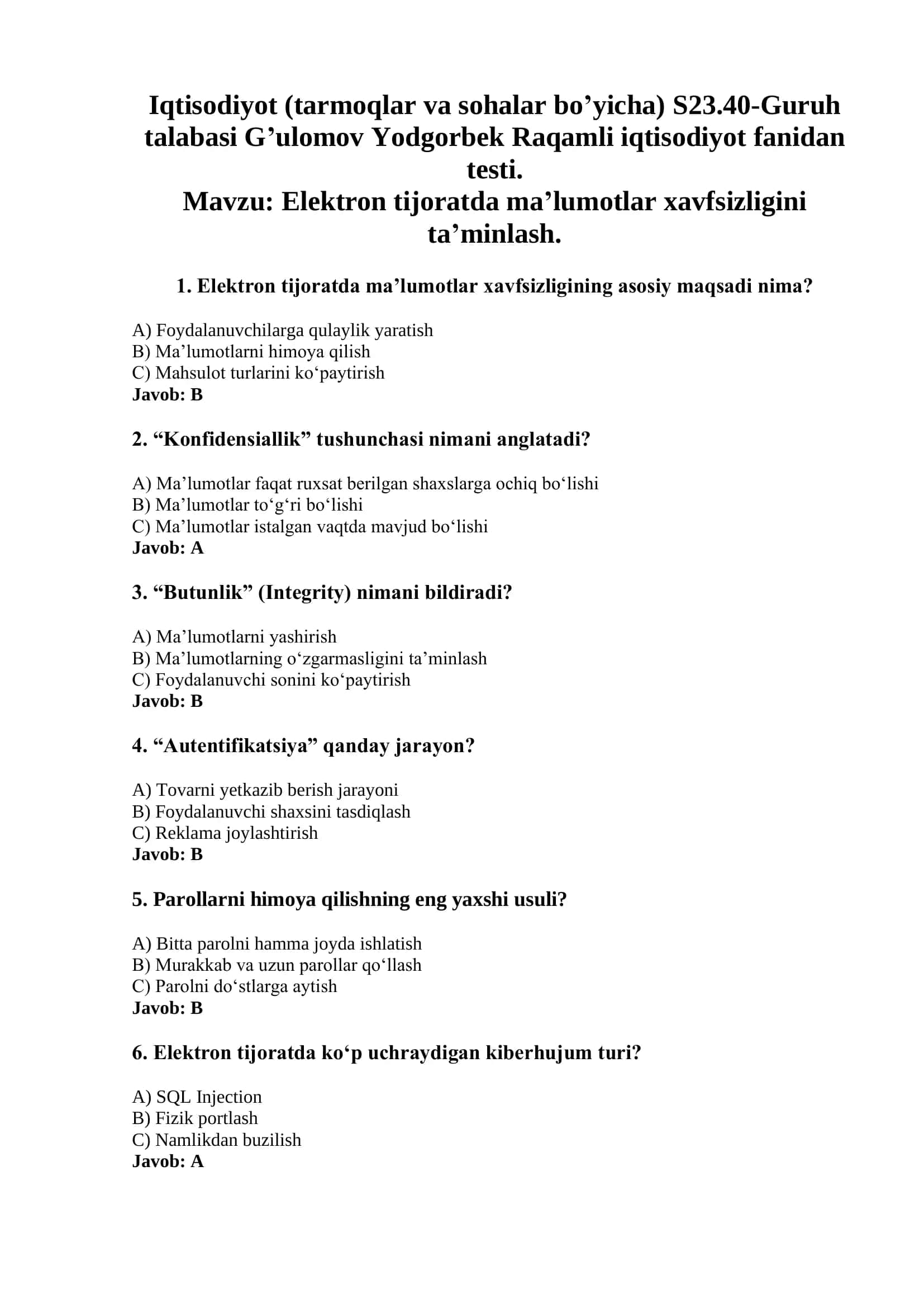 Raqamli iqtisodiyot fanidan testi 1